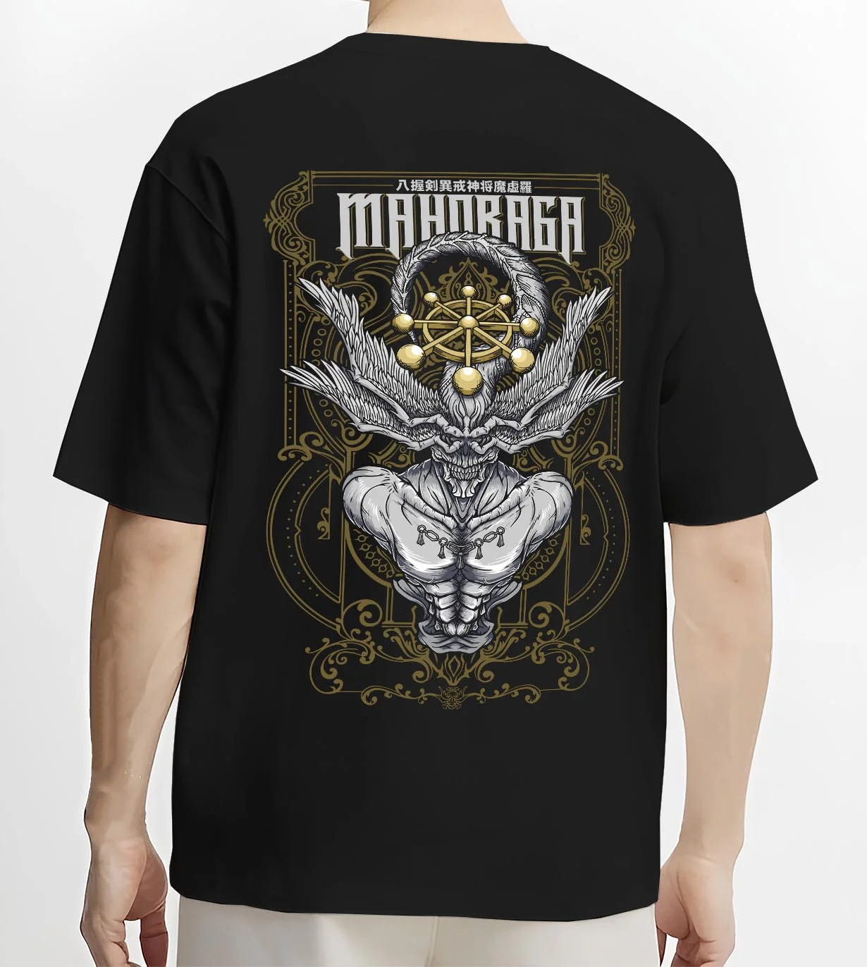 Black T-shirt worn by male model, back view with Mahoraga Hoodie Jujutsu Kaisen Cursed Technique graphic premium wear.