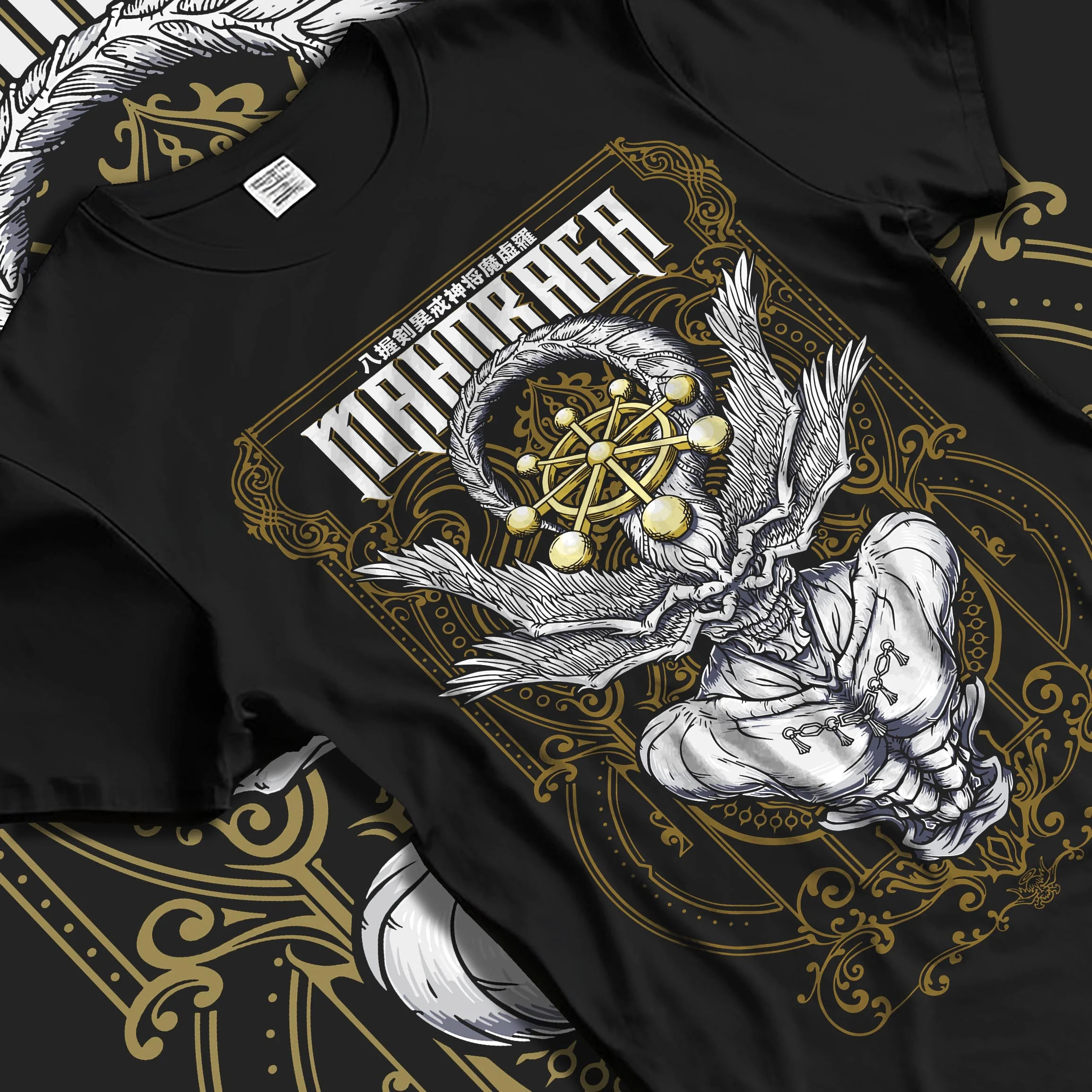 Black T-shirt laid flat with natural folds with Mahoraga Hoodie Jujutsu Kaisen Cursed Technique graphic premium wear.