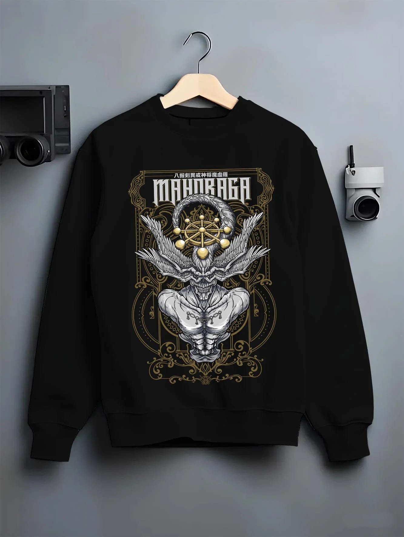 Black crewneck sweatshirt on hanger with Mahoraga Hoodie Jujutsu Kaisen Cursed Technique graphic premium wear.