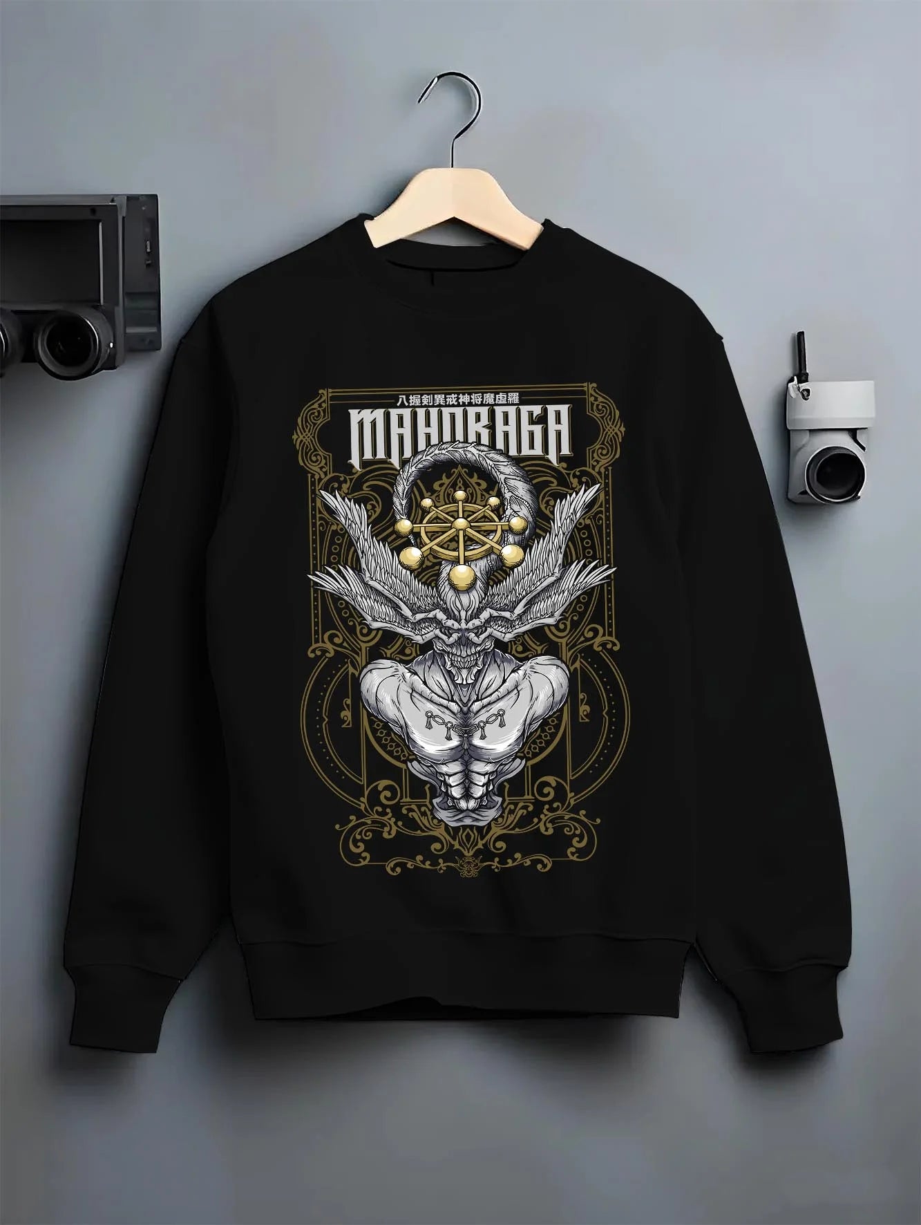 Black crewneck sweatshirt on hanger with Mahoraga Hoodie Jujutsu Kaisen Cursed Technique graphic premium wear.