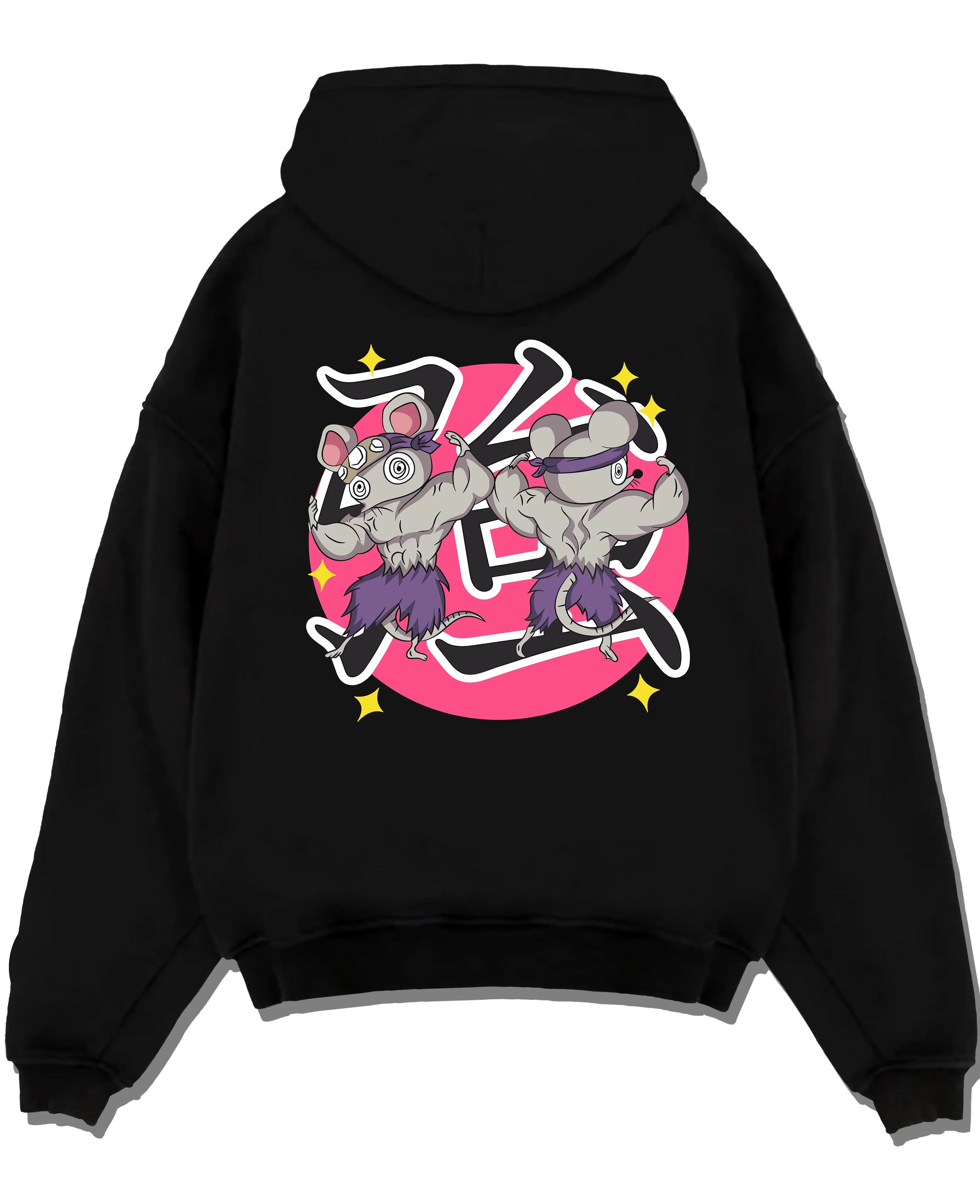 Black pullover hoodie laid flat with Demon Slayer Hoodie Sound Hashira Tengen Ninja Mice graphic bold anime graphic.