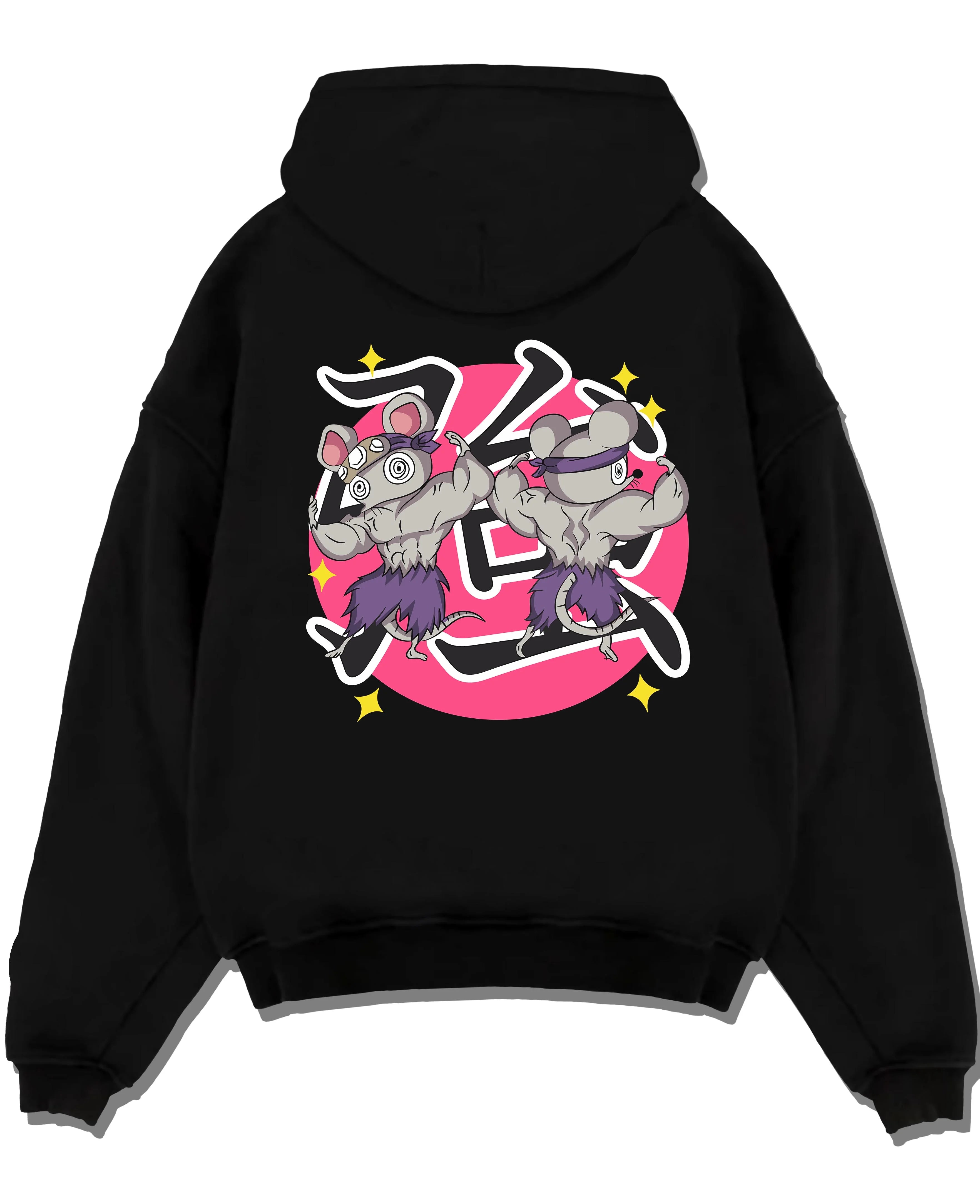 Black pullover hoodie laid flat with Demon Slayer Hoodie Sound Hashira Tengen Ninja Mice graphic bold anime graphic.
