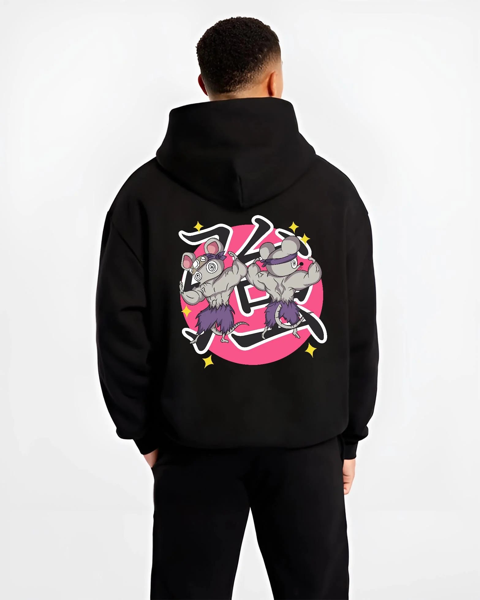 Black hoodie worn by male model, back view with Demon Slayer Hoodie Sound Hashira Tengen Ninja Mice graphic streetwear graphic.