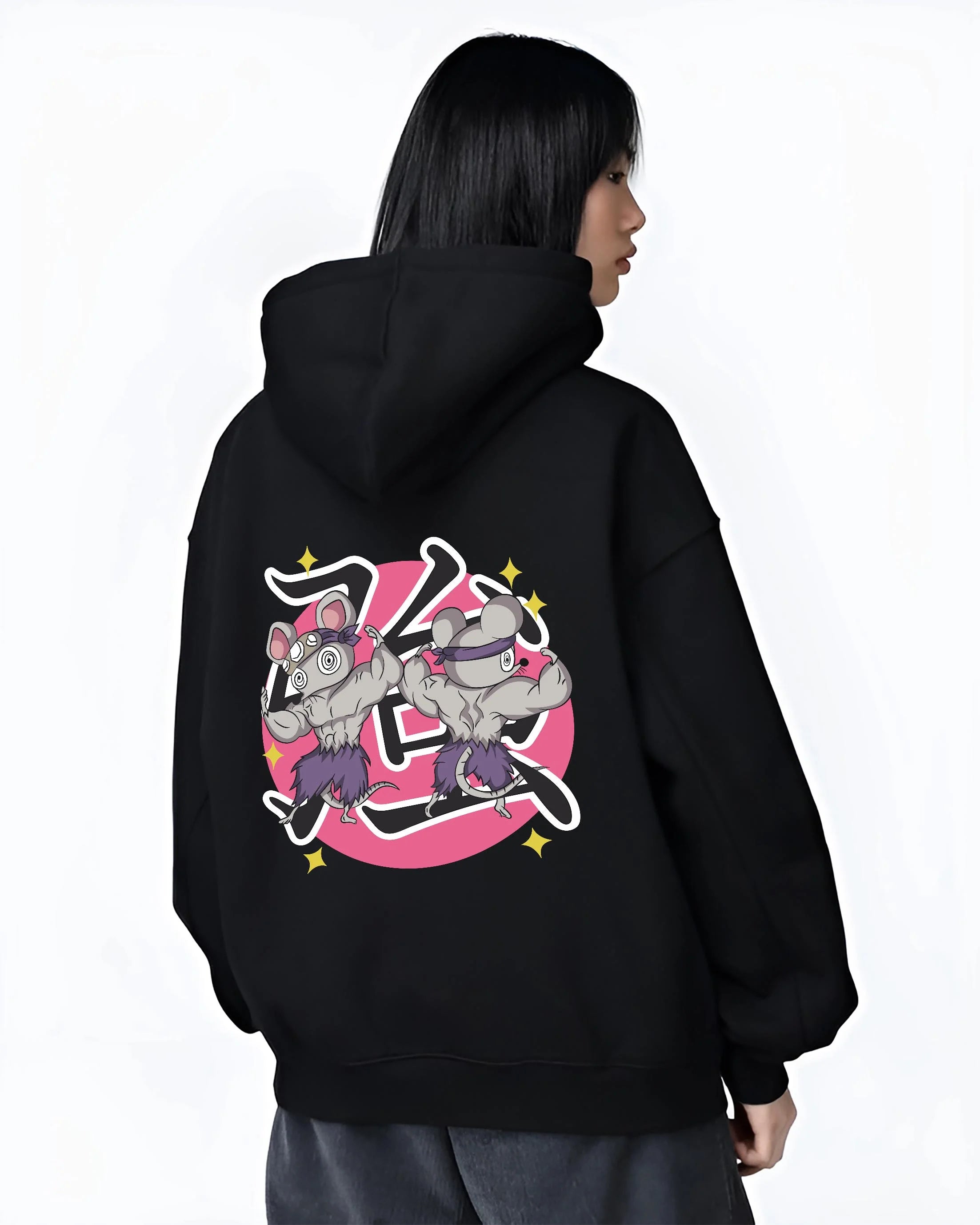 Black hoodie worn by female model, back view with Demon Slayer Hoodie Sound Hashira Tengen Ninja Mice graphic streetwear graphic.