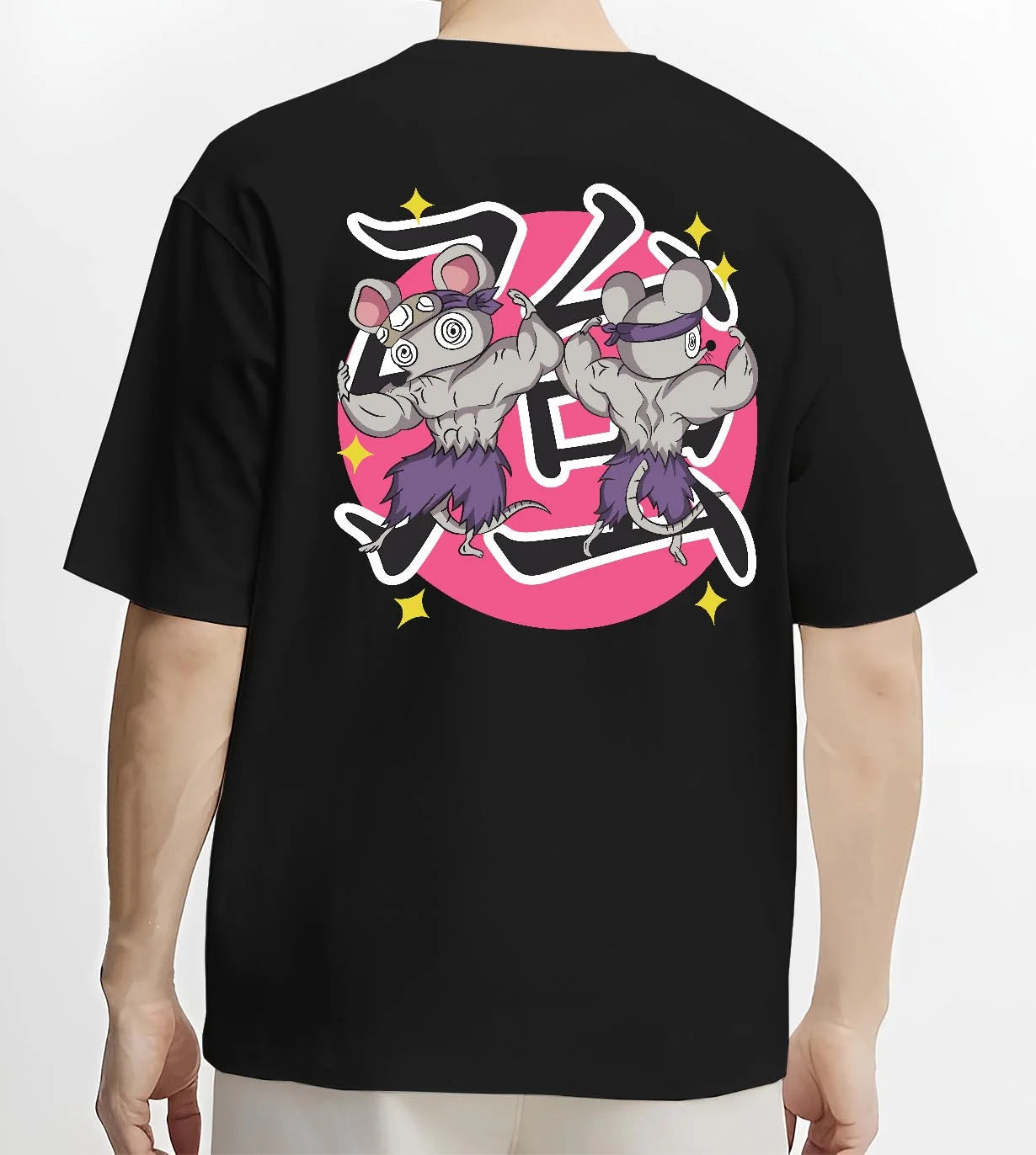 Black T-shirt worn by male model, back view with Demon Slayer Hoodie Sound Hashira Tengen Ninja Mice graphic premium wear.