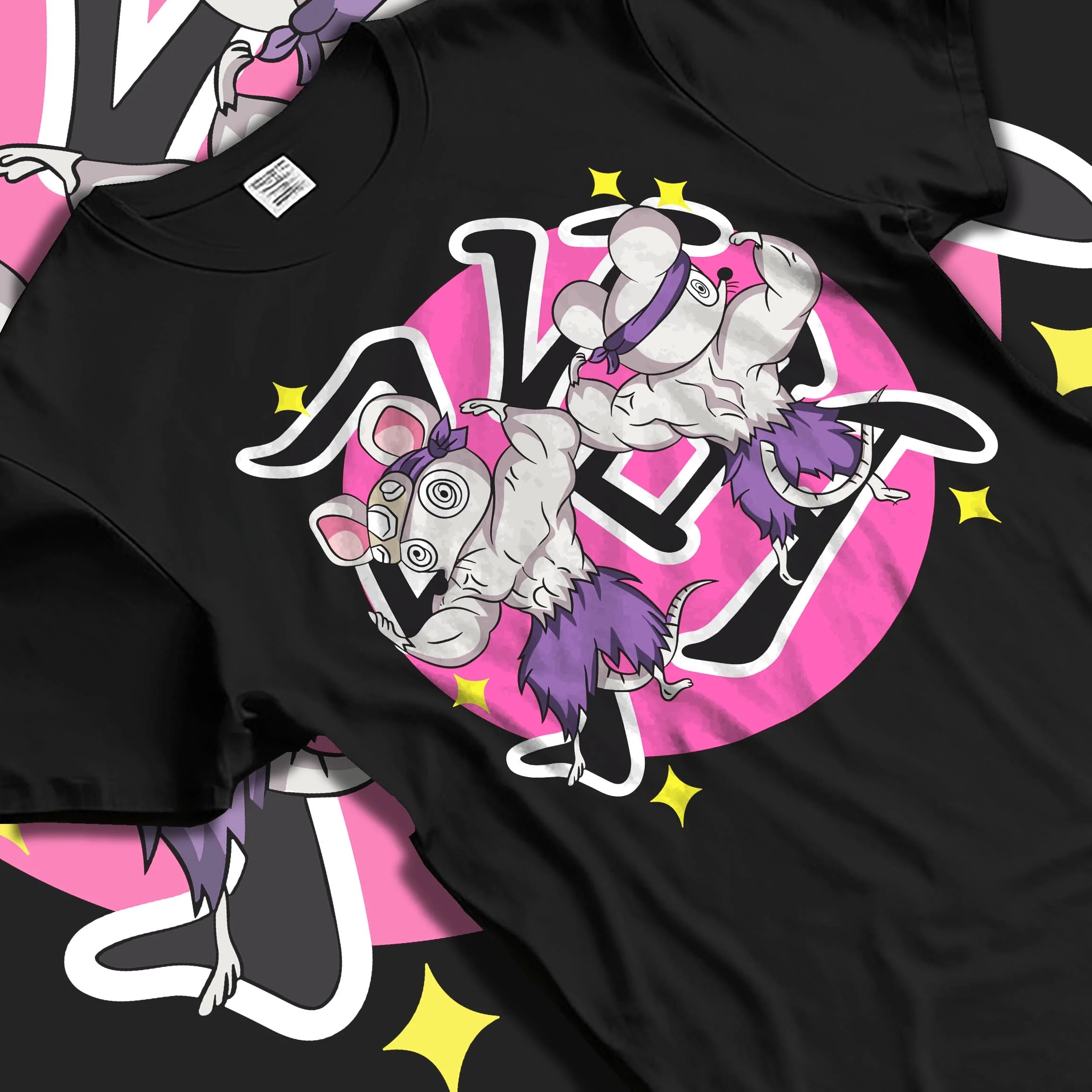Black T-shirt laid flat with natural folds with Demon Slayer Hoodie Sound Hashira Tengen Ninja Mice graphic premium wear.