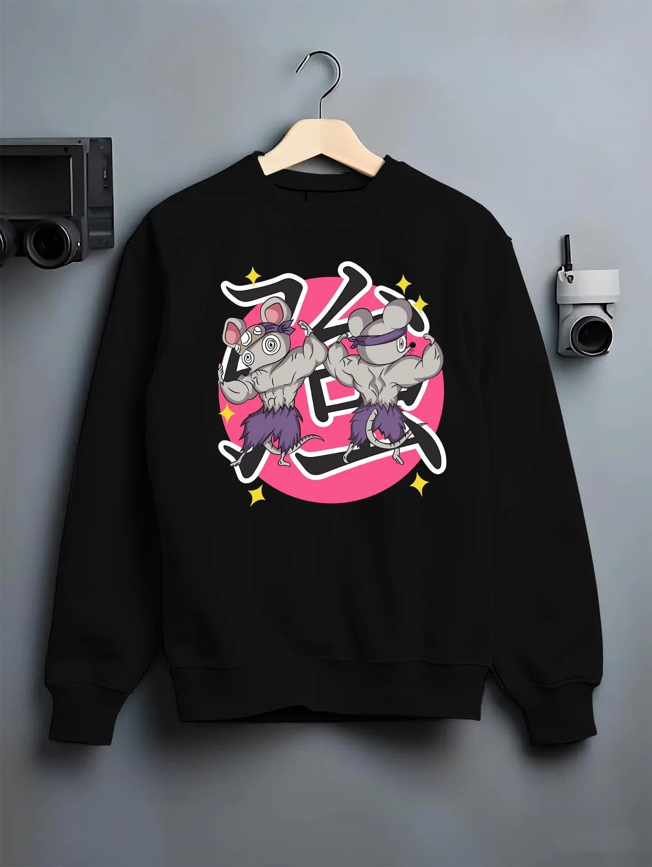 Black crewneck sweatshirt on hanger with Demon Slayer Hoodie Sound Hashira Tengen Ninja Mice graphic bold anime graphic.