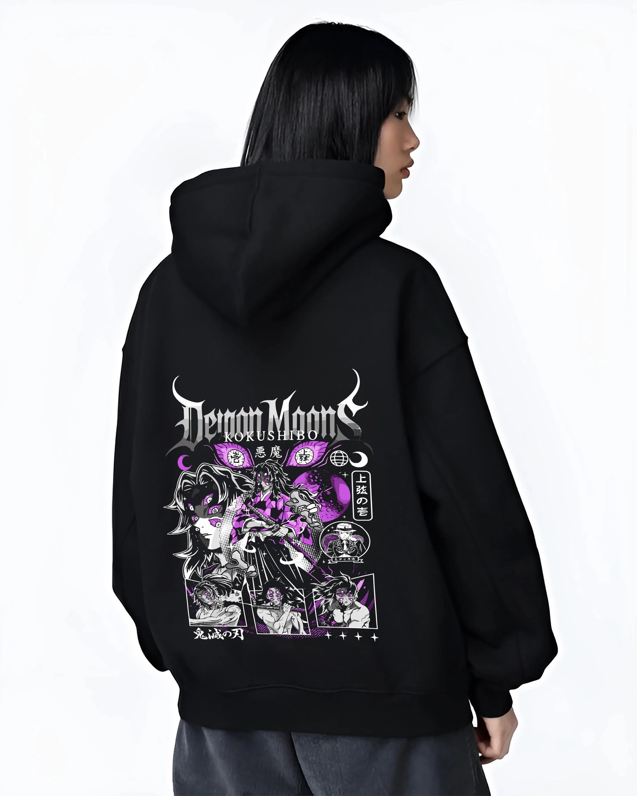 Black hoodie worn by female model, back view with Kokushibo Hoodie Demon Slayer Upper Moon One graphic bold anime graphic.