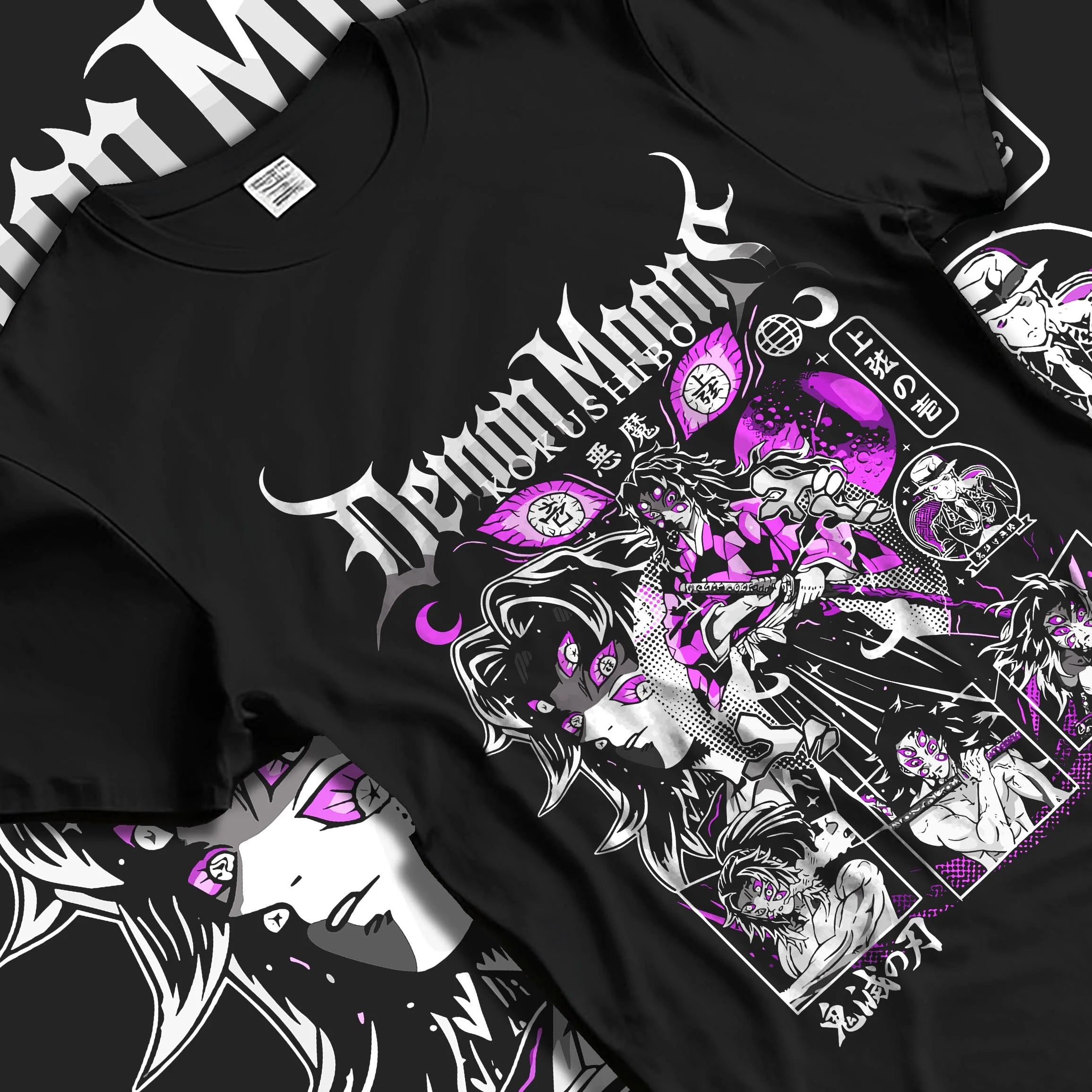 Black T-shirt laid flat with natural folds with Kokushibo Hoodie Demon Slayer Upper Moon One graphic bold anime graphic.