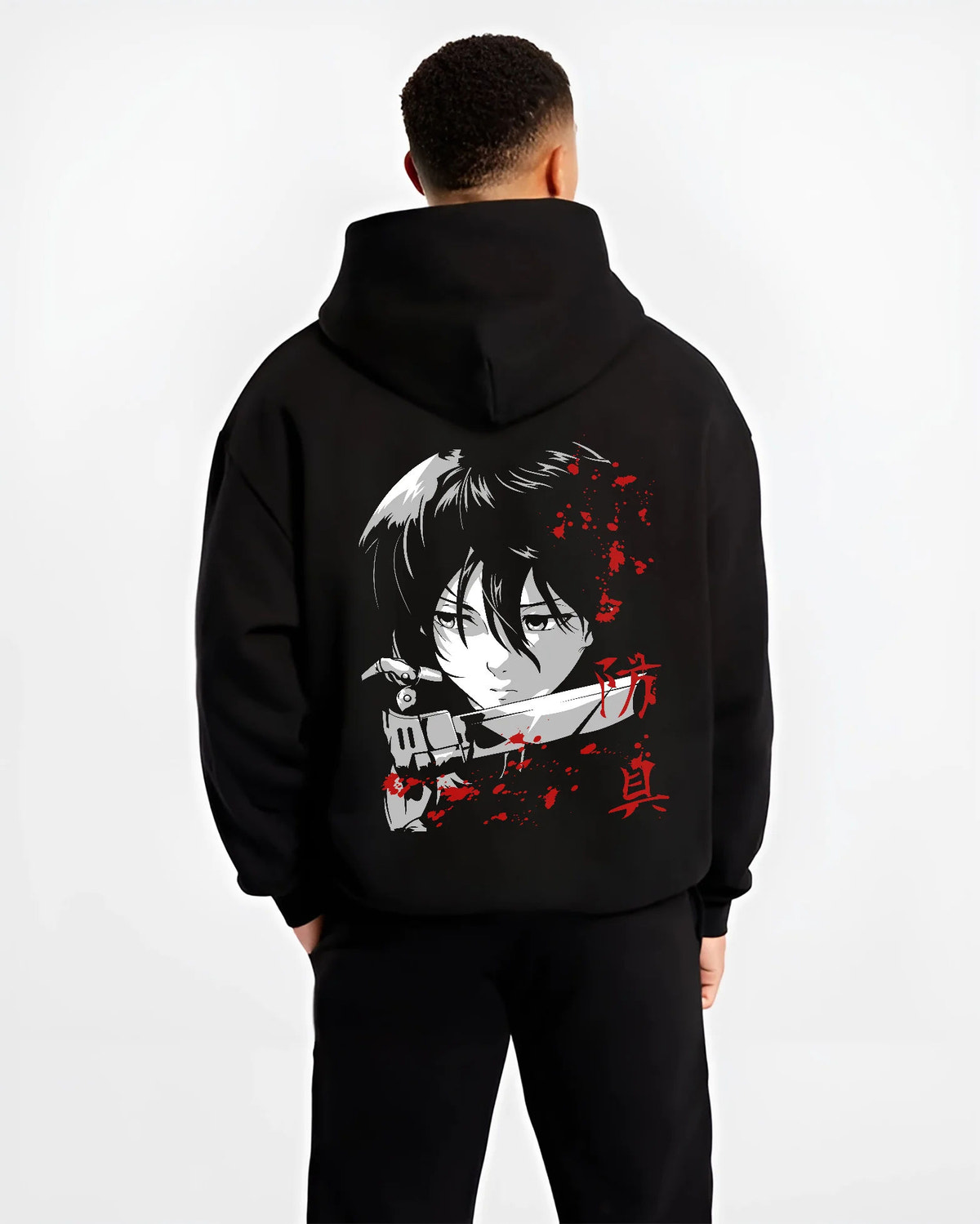 Black hoodie model back view showing Mikasa Ackerman from Attack on Titan: dark-haired close-up
