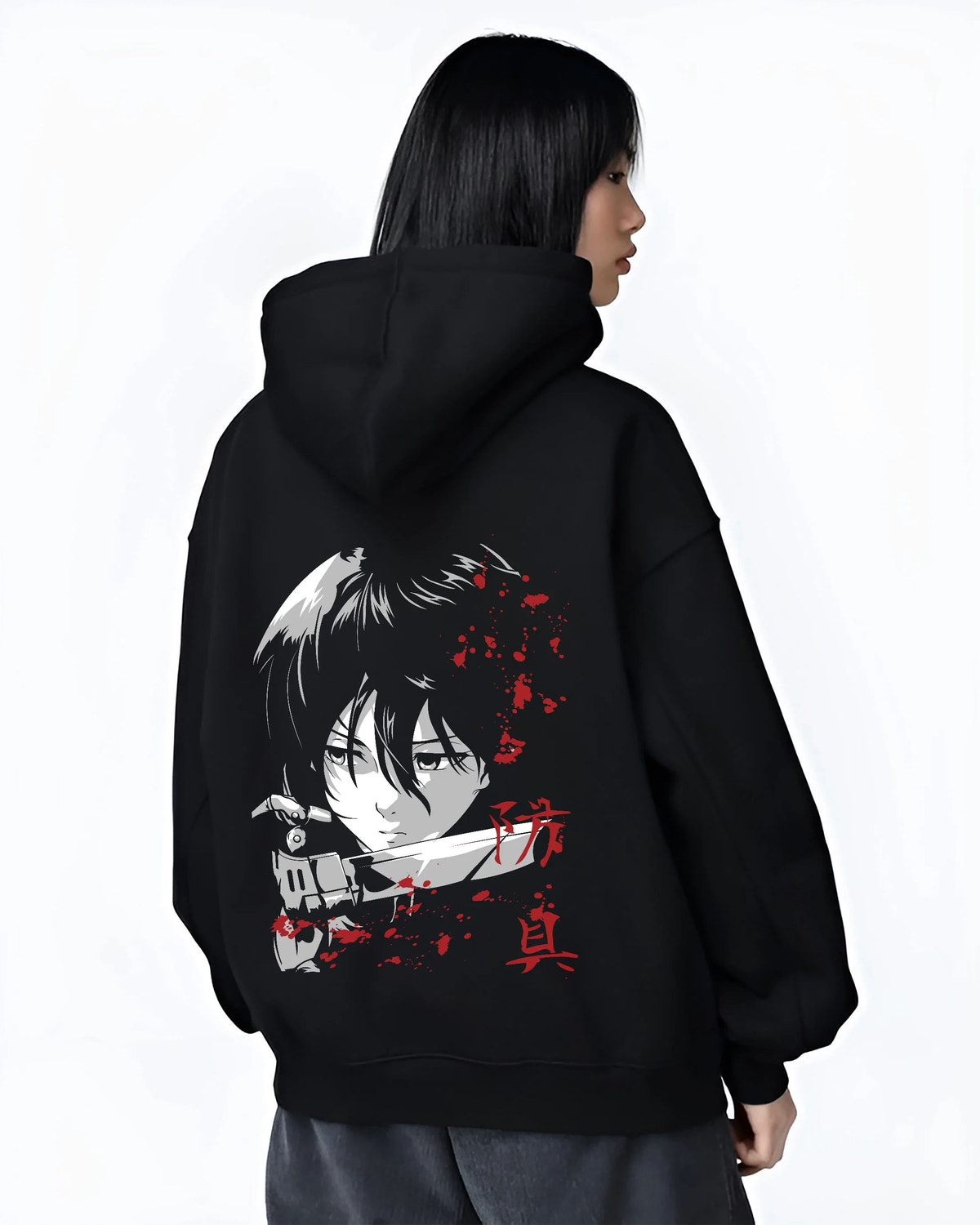 Black hoodie female model back view showing Mikasa Ackerman from Attack on Titan: dark-haired close-up