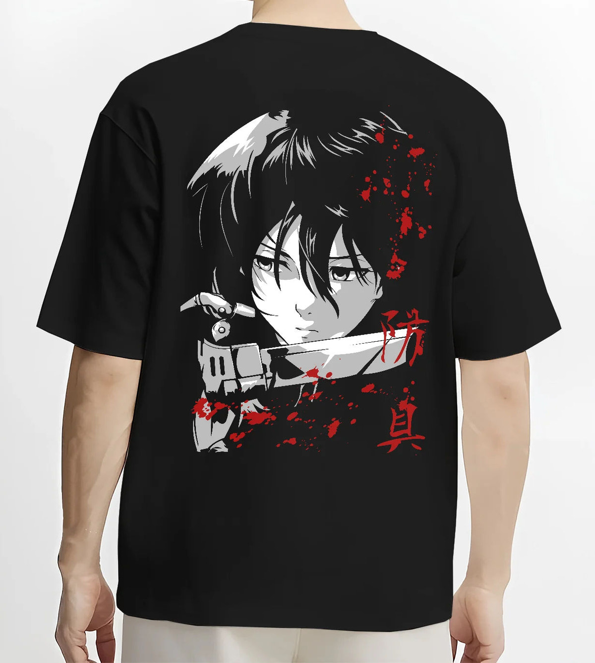 Black T-shirt model back view showing Mikasa Ackerman from Attack on Titan: dark-haired close-up