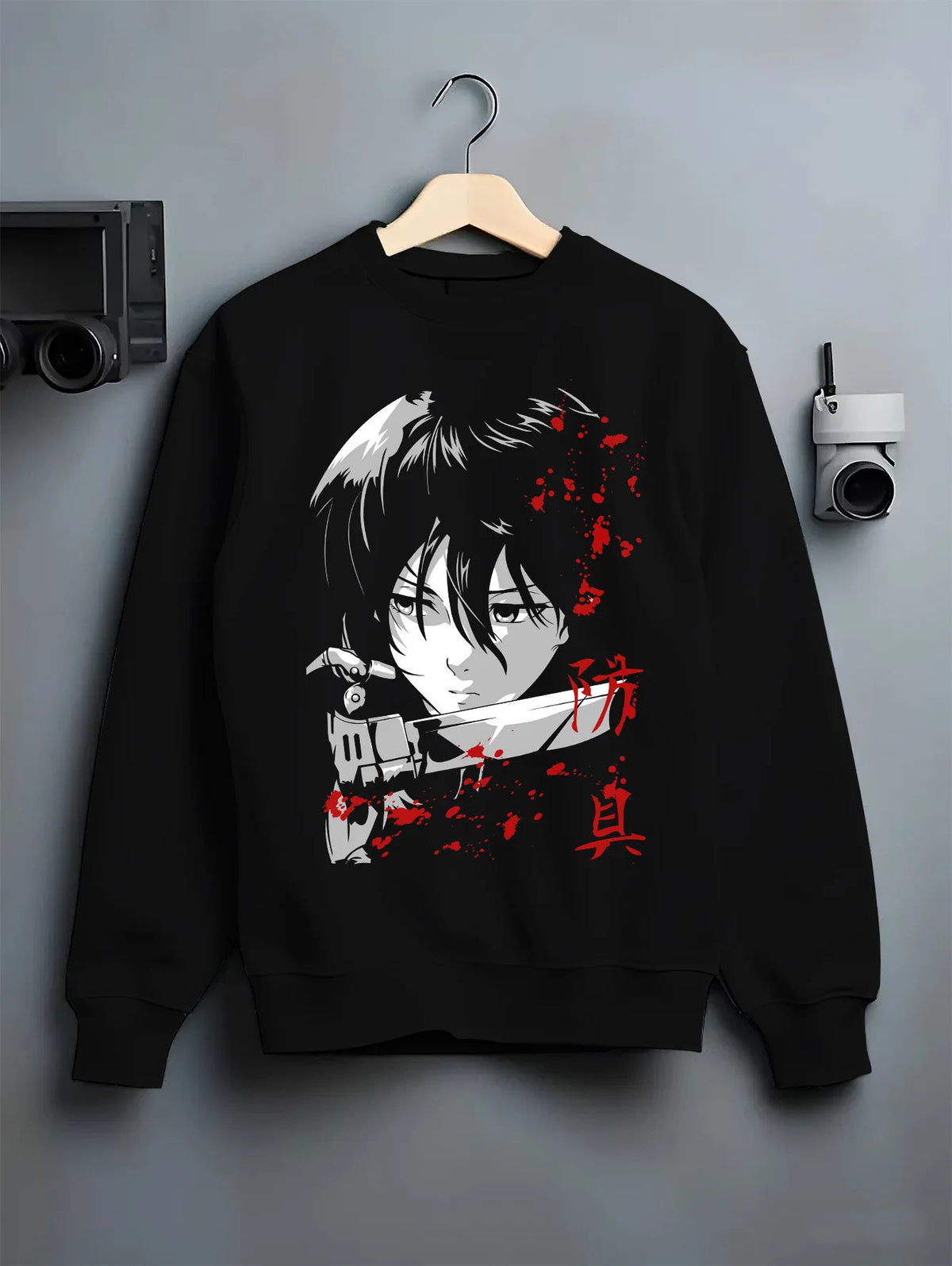 Black crewneck sweatshirt on hanger showing Mikasa Ackerman from Attack on Titan: dark-haired close-up