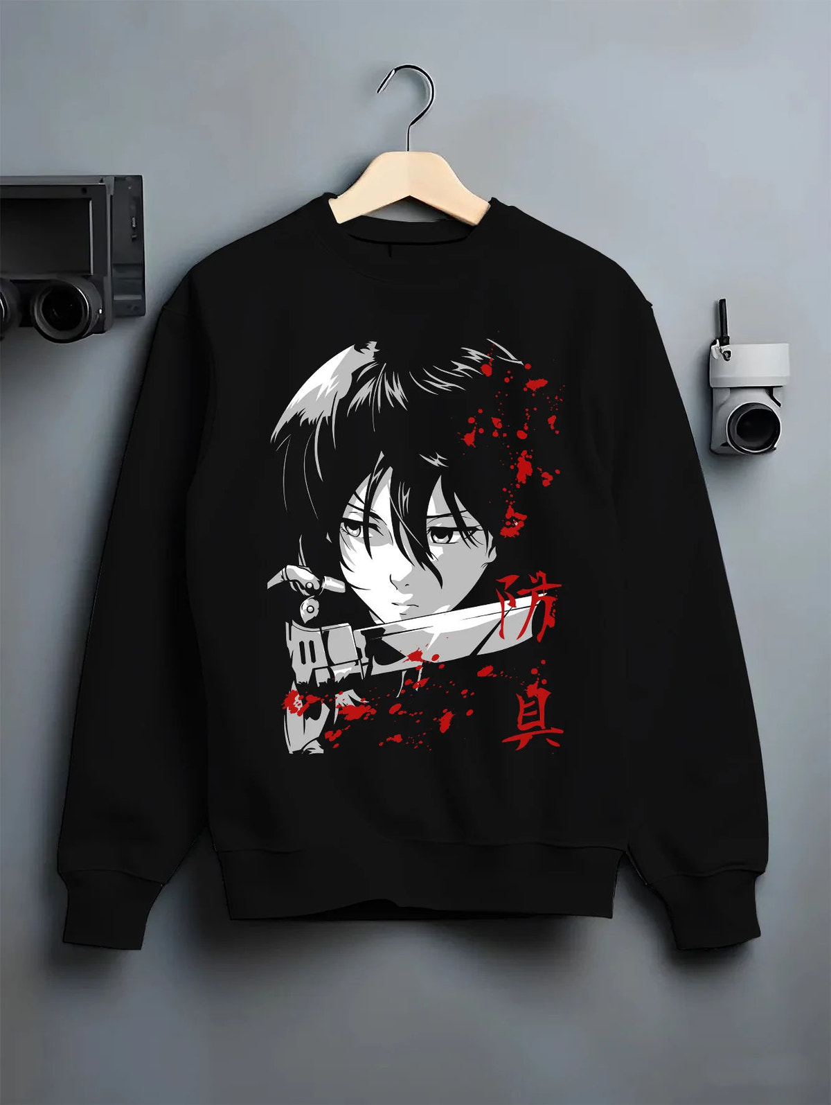 Black crewneck sweatshirt on hanger showing Mikasa Ackerman from Attack on Titan: dark-haired close-up