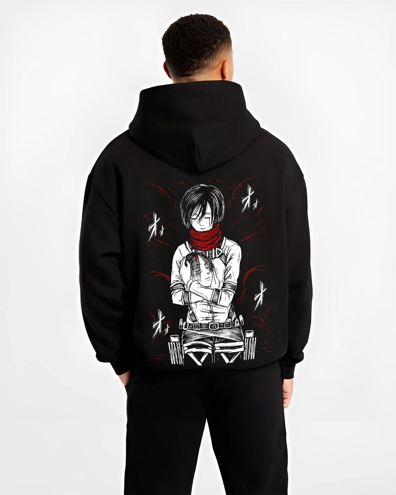 Black hoodie worn by male model, back view with Mikasa Ackerman Hoodie Attack on Titan Winter Gear graphic streetwear graphic.