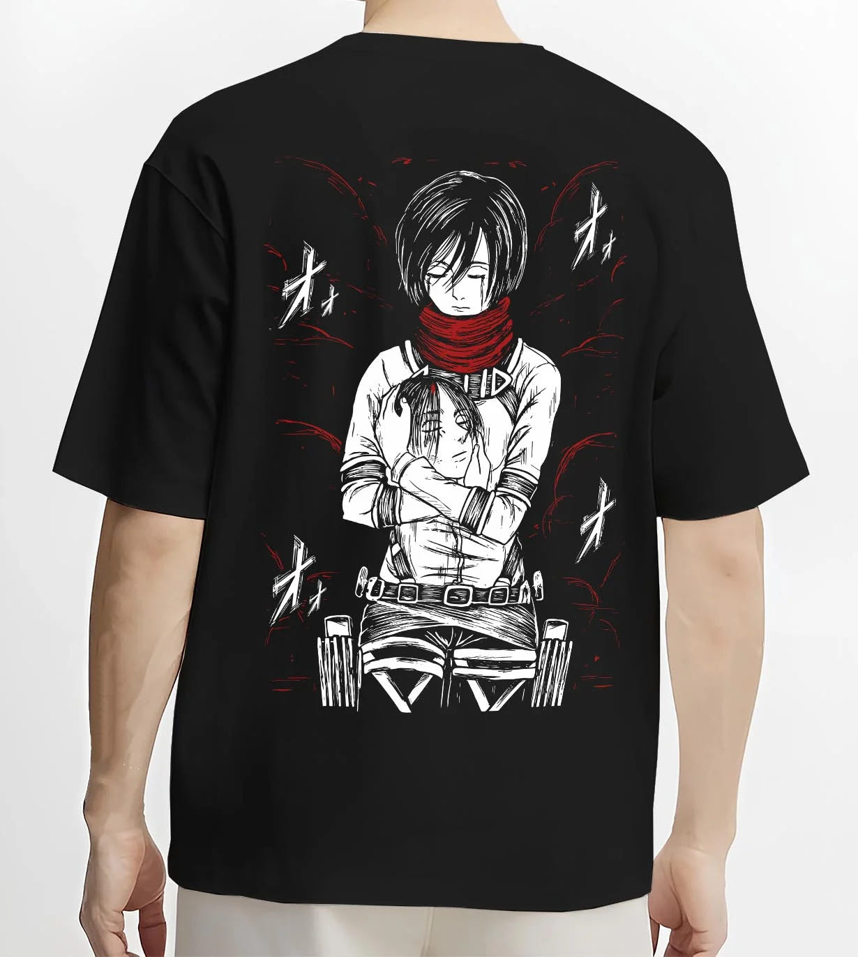 Black T-shirt worn by male model, back view with Mikasa Ackerman Hoodie Attack on Titan Winter Gear graphic premium wear.