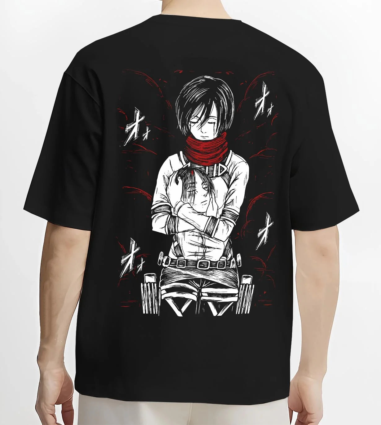 Black T-shirt worn by male model, back view with Mikasa Ackerman Hoodie Attack on Titan Winter Gear graphic premium wear.