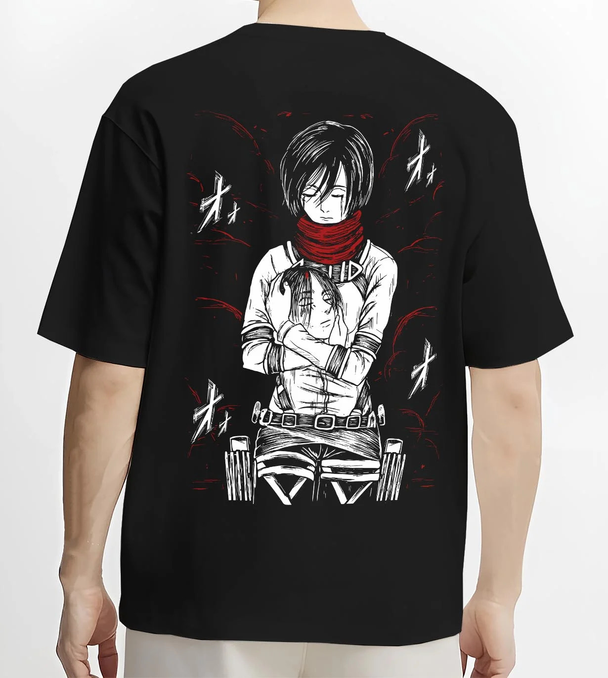 Black T-shirt worn by male model, back view with Mikasa Ackerman Hoodie Attack on Titan Winter Gear graphic premium wear.
