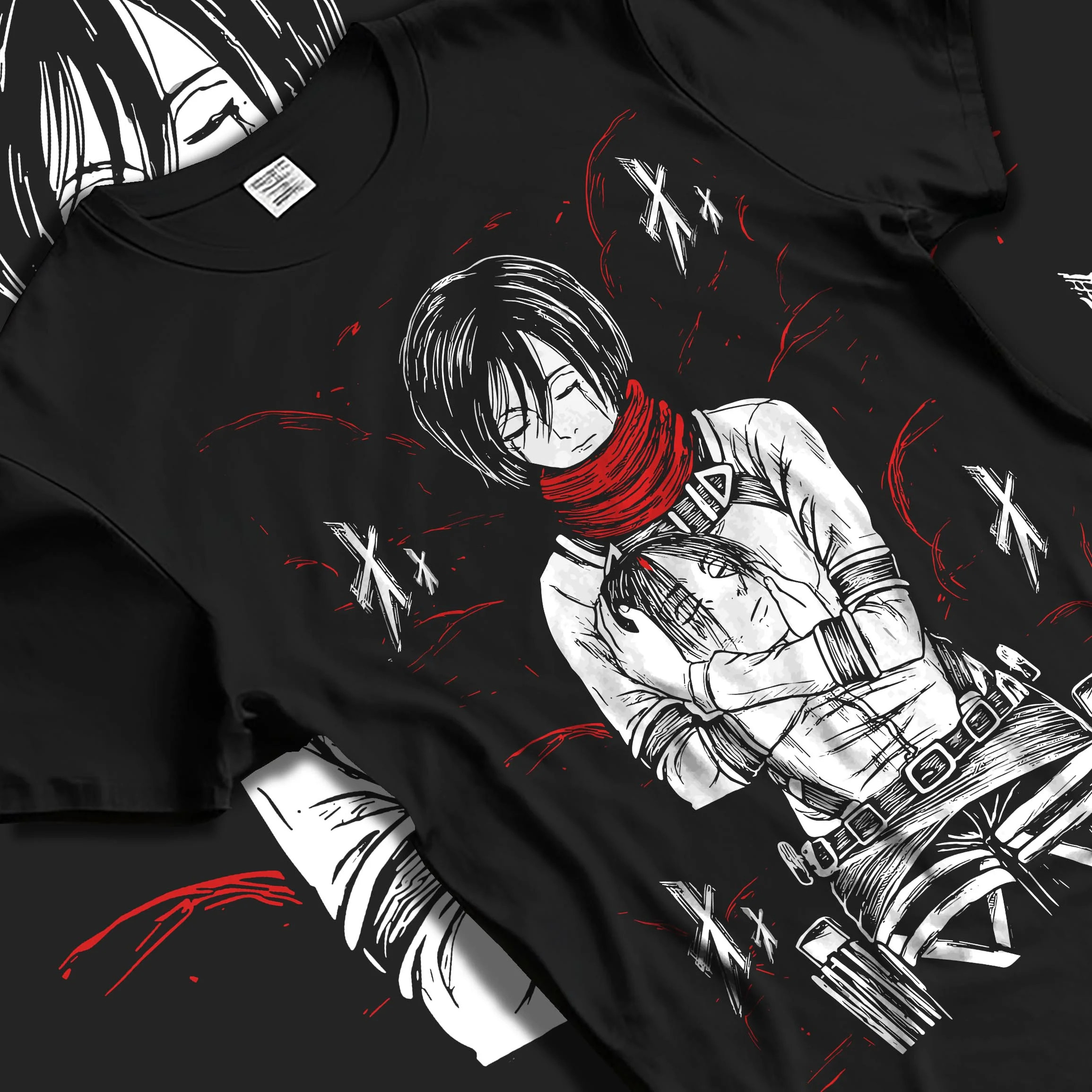 Black T-shirt laid flat with natural folds with Mikasa Ackerman Hoodie Attack on Titan Winter Gear graphic streetwear graphic.