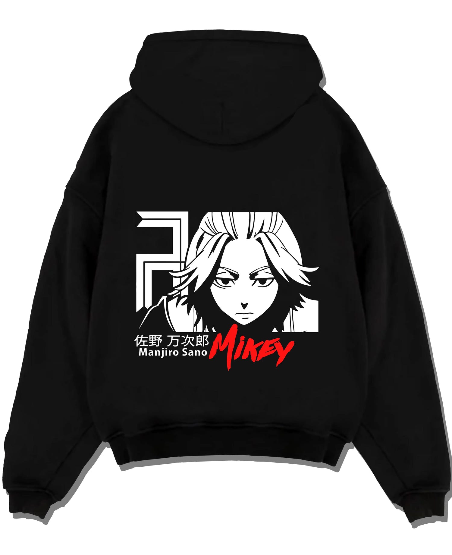 Black pullover hoodie laid flat with Manjiro Sano Hoodie Tokyo Revengers Mikey Iconic graphic premium wear.