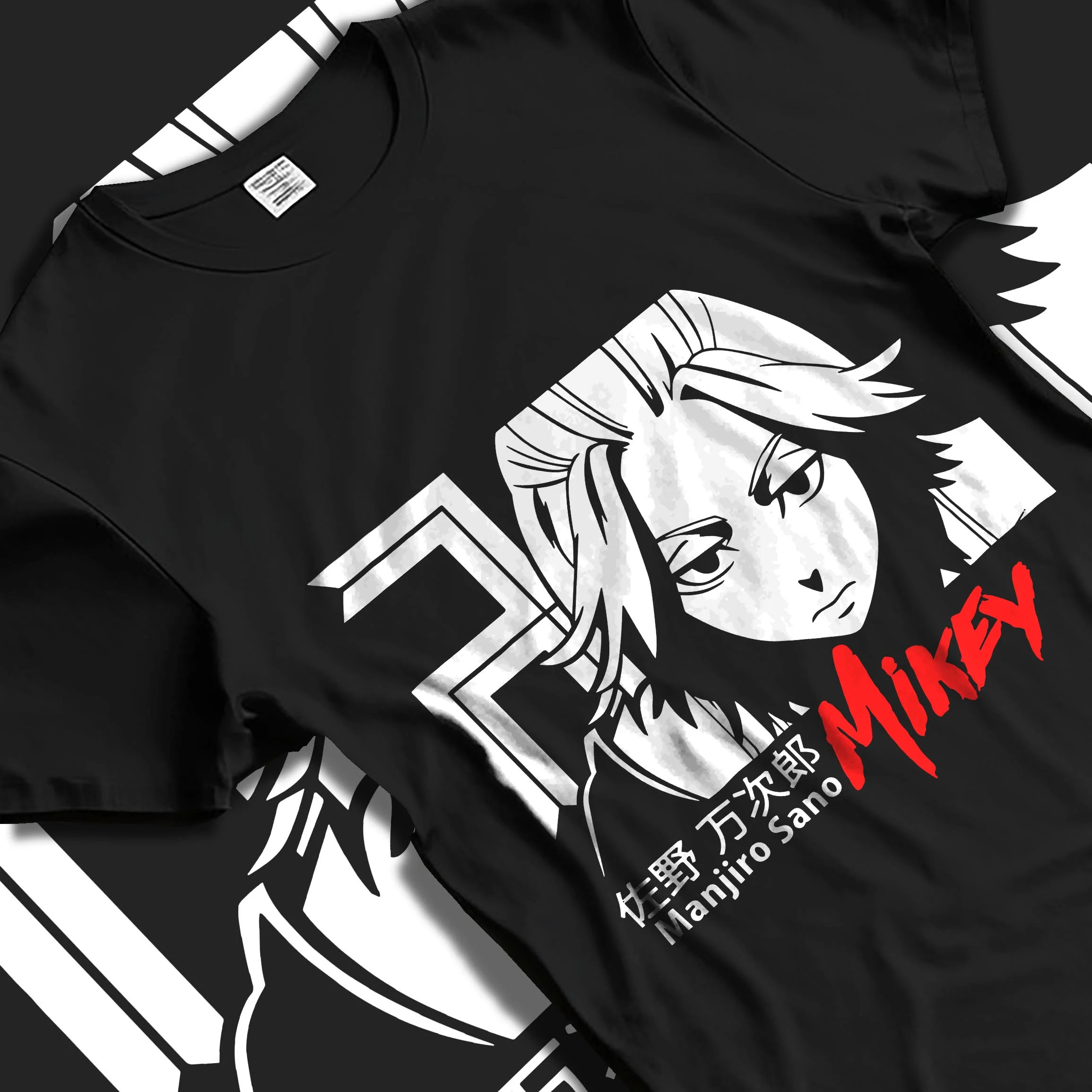 Black T-shirt laid flat with natural folds with Manjiro Sano Hoodie Tokyo Revengers Mikey Iconic graphic bold anime graphic.