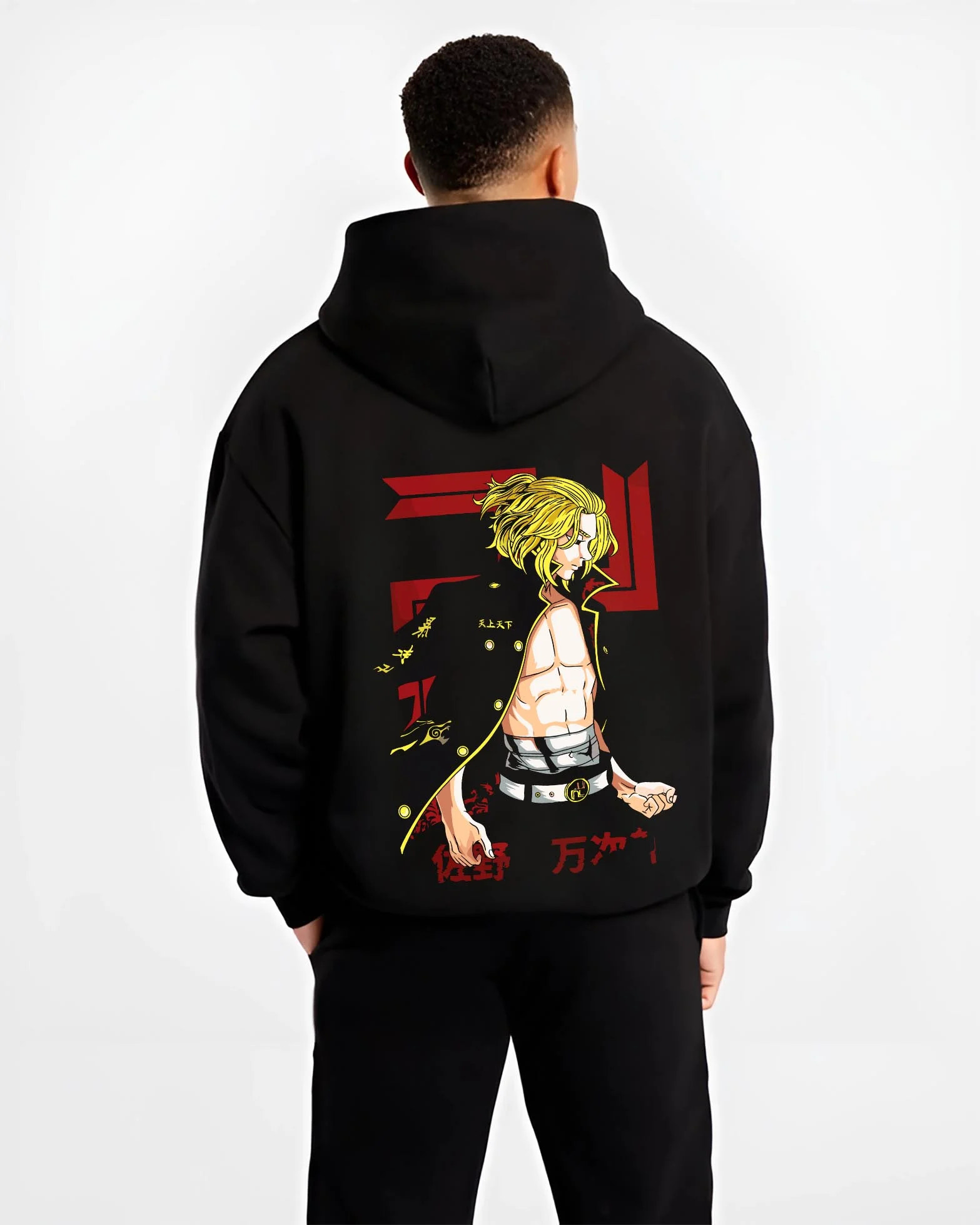 Black hoodie worn by male model, back view with Mikey Hoodie Tokyo Revengers TV Anime Edition graphic premium wear.