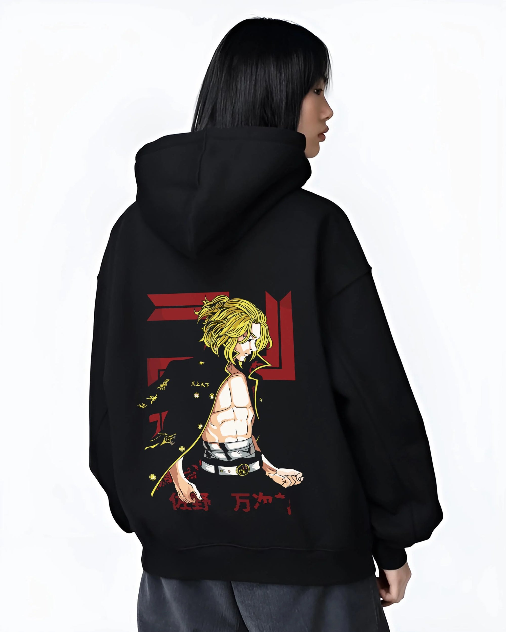 Black hoodie worn by female model, back view with Mikey Hoodie Tokyo Revengers TV Anime Edition graphic premium wear.