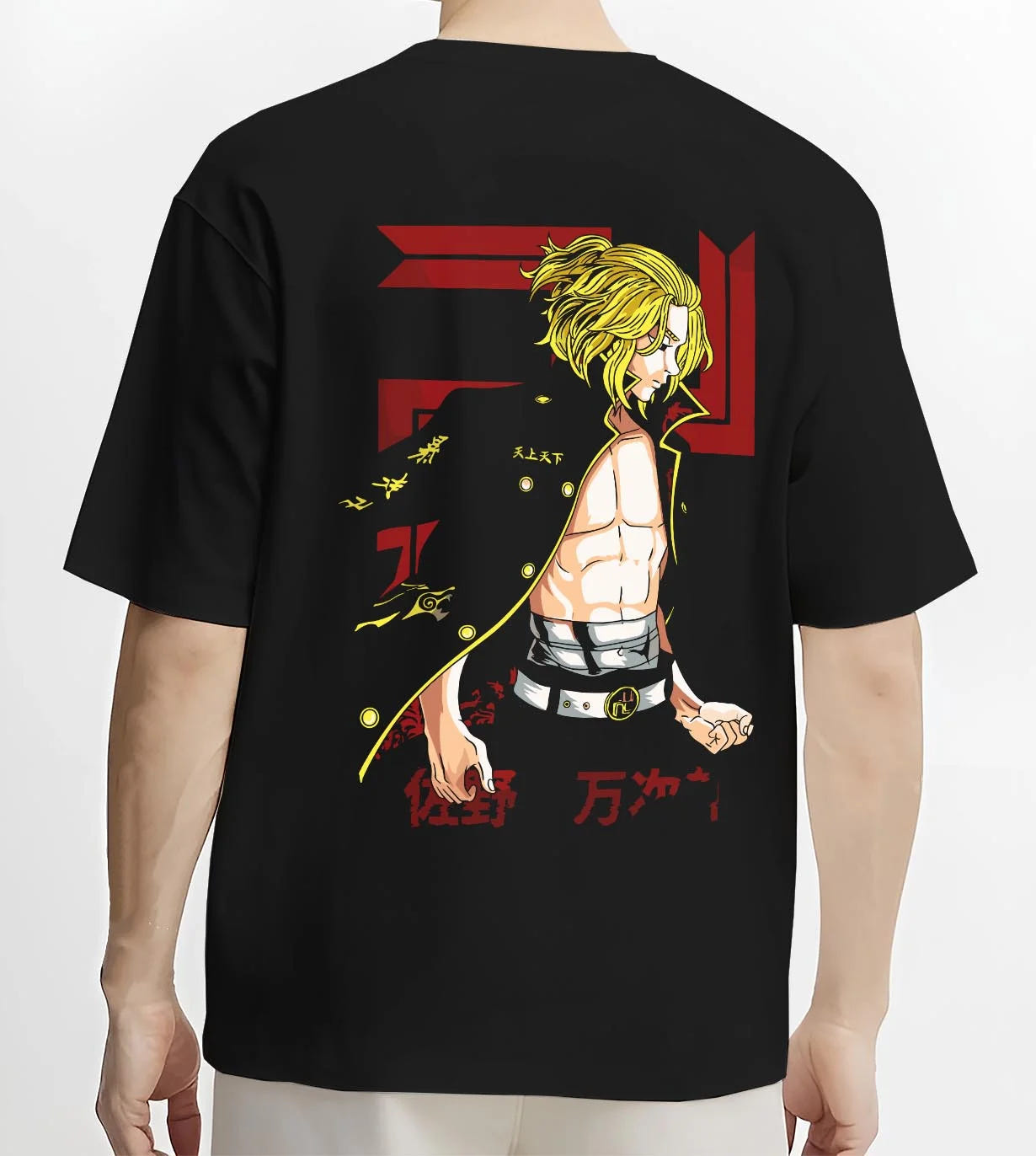 Black T-shirt worn by male model, back view with Mikey Hoodie Tokyo Revengers TV Anime Edition graphic premium wear.