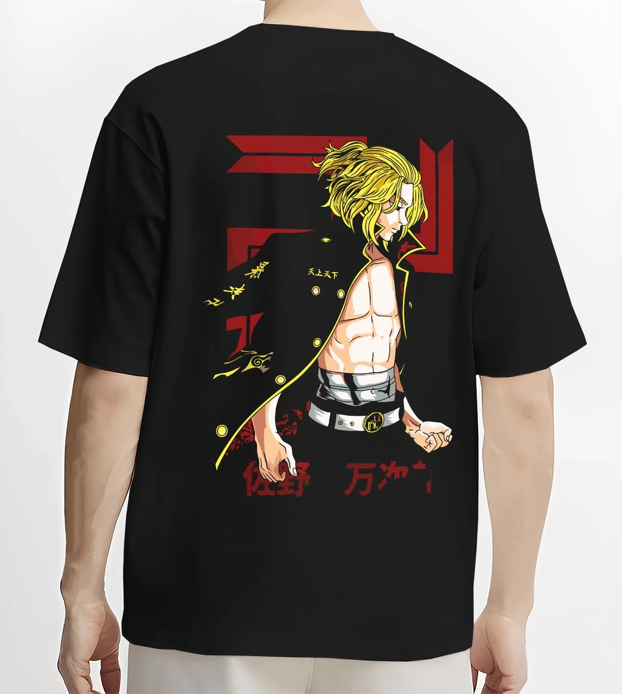 Black T-shirt worn by male model, back view with Mikey Hoodie Tokyo Revengers TV Anime Edition graphic premium wear.