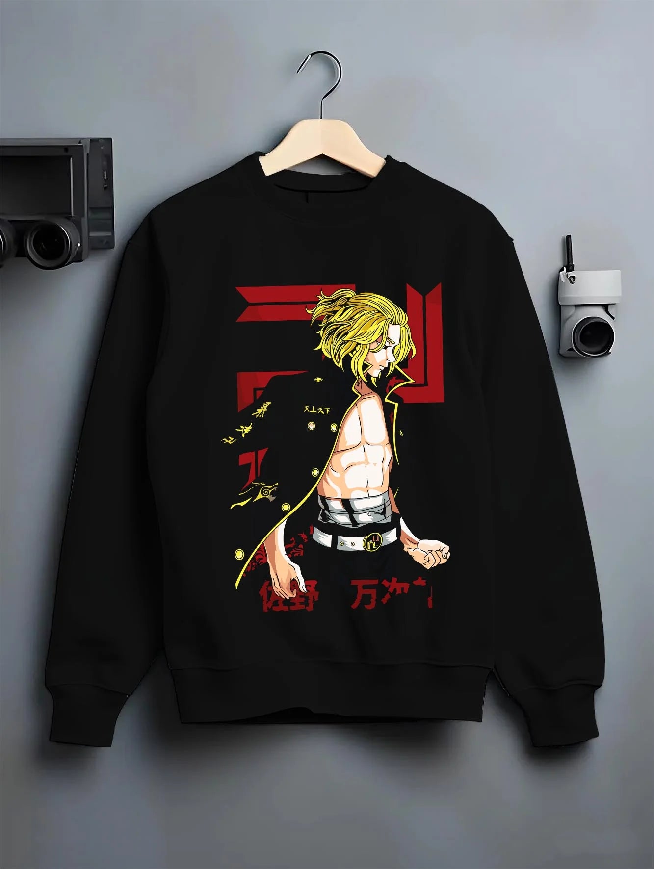 Black crewneck sweatshirt on hanger with Mikey Hoodie Tokyo Revengers TV Anime Edition graphic premium wear.