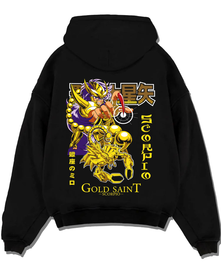 Black hoodie laid flat featuring Scorpio Milo Gold Saint artwork.