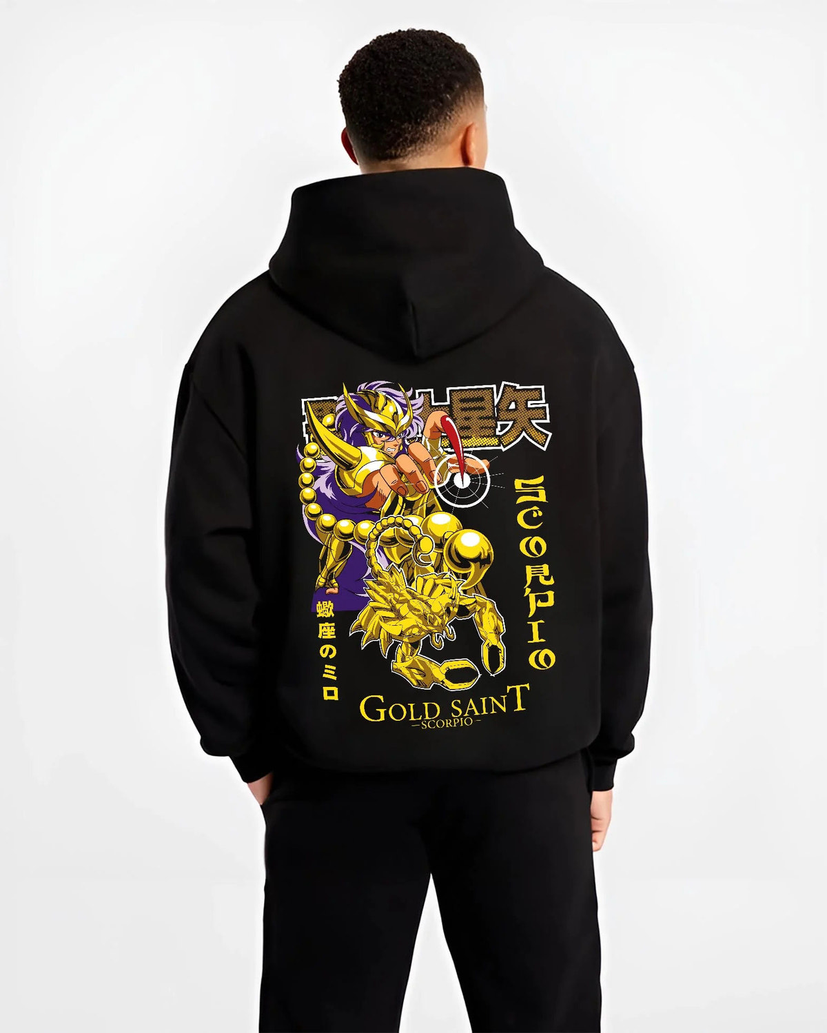 Black hoodie worn by male model from the back featuring Scorpio Milo Gold Saint artwork.