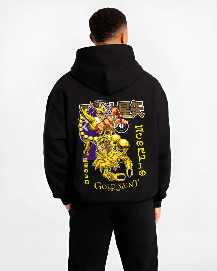 Black hoodie worn by male model from the back featuring Scorpio Milo Gold Saint artwork.