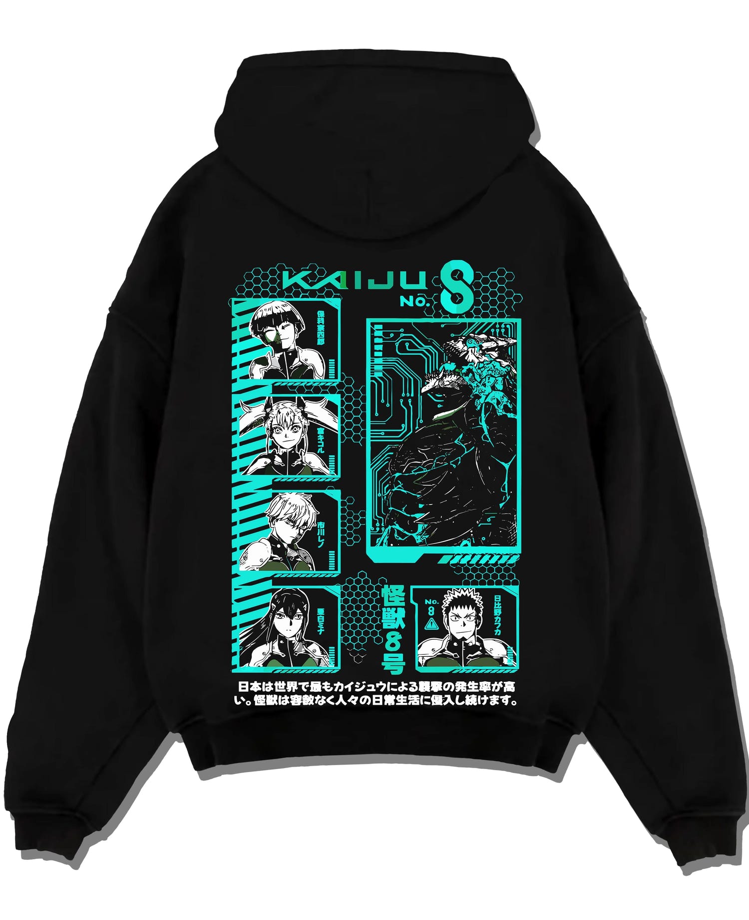 Black pullover hoodie laid flat with Kaiju No. 8 Hoodie Anime Character Panel Grid graphic nan anime design.