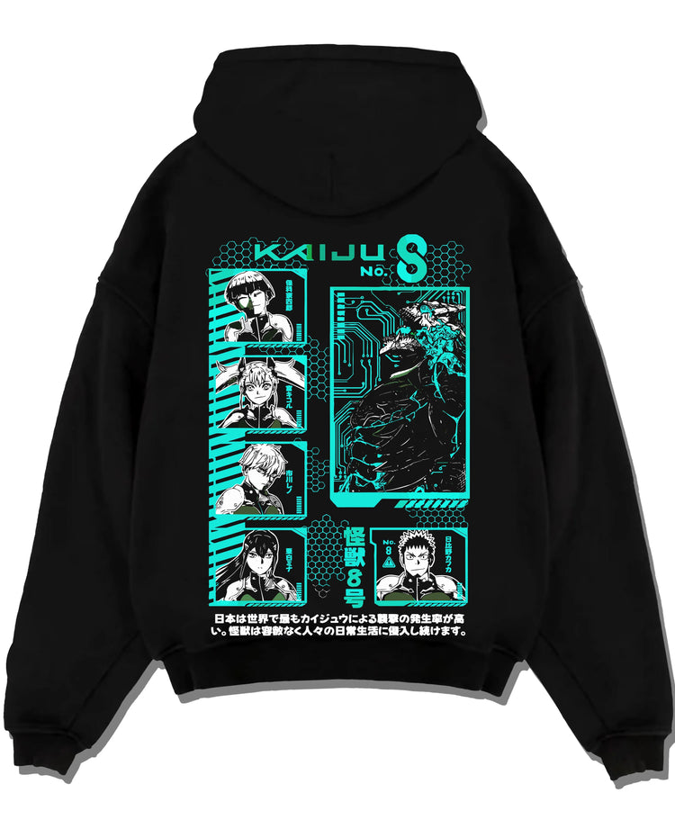Black pullover hoodie laid flat with Kaiju No. 8 Hoodie Anime Character Panel Grid graphic nan anime design.