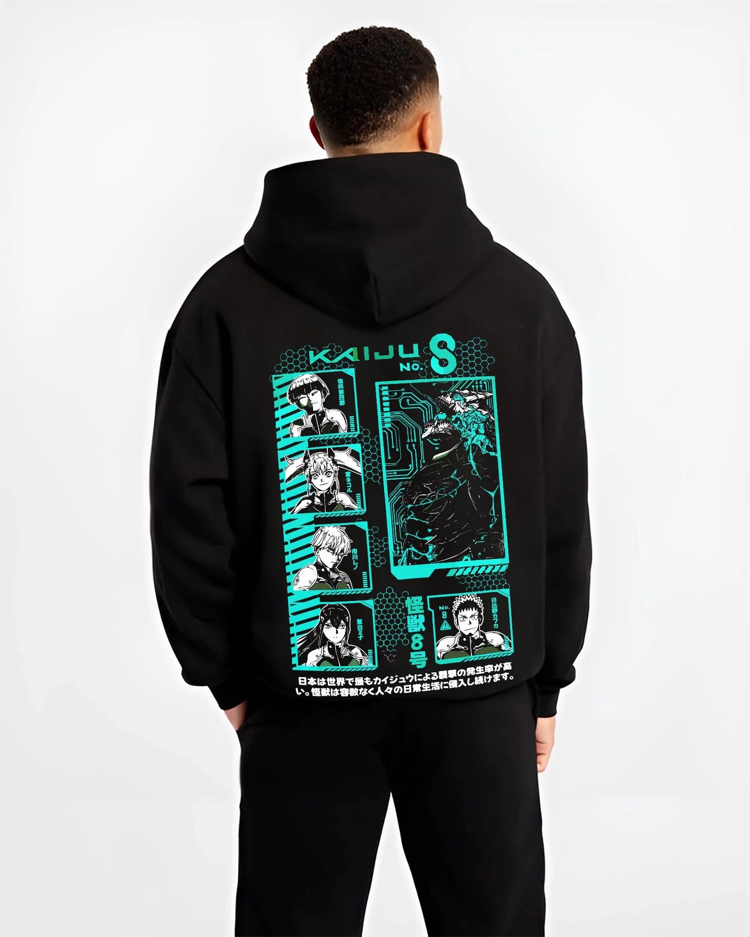 Black hoodie worn by male model, back view with Kaiju No. 8 Hoodie Anime Character Panel Grid graphic nan themed artwork.