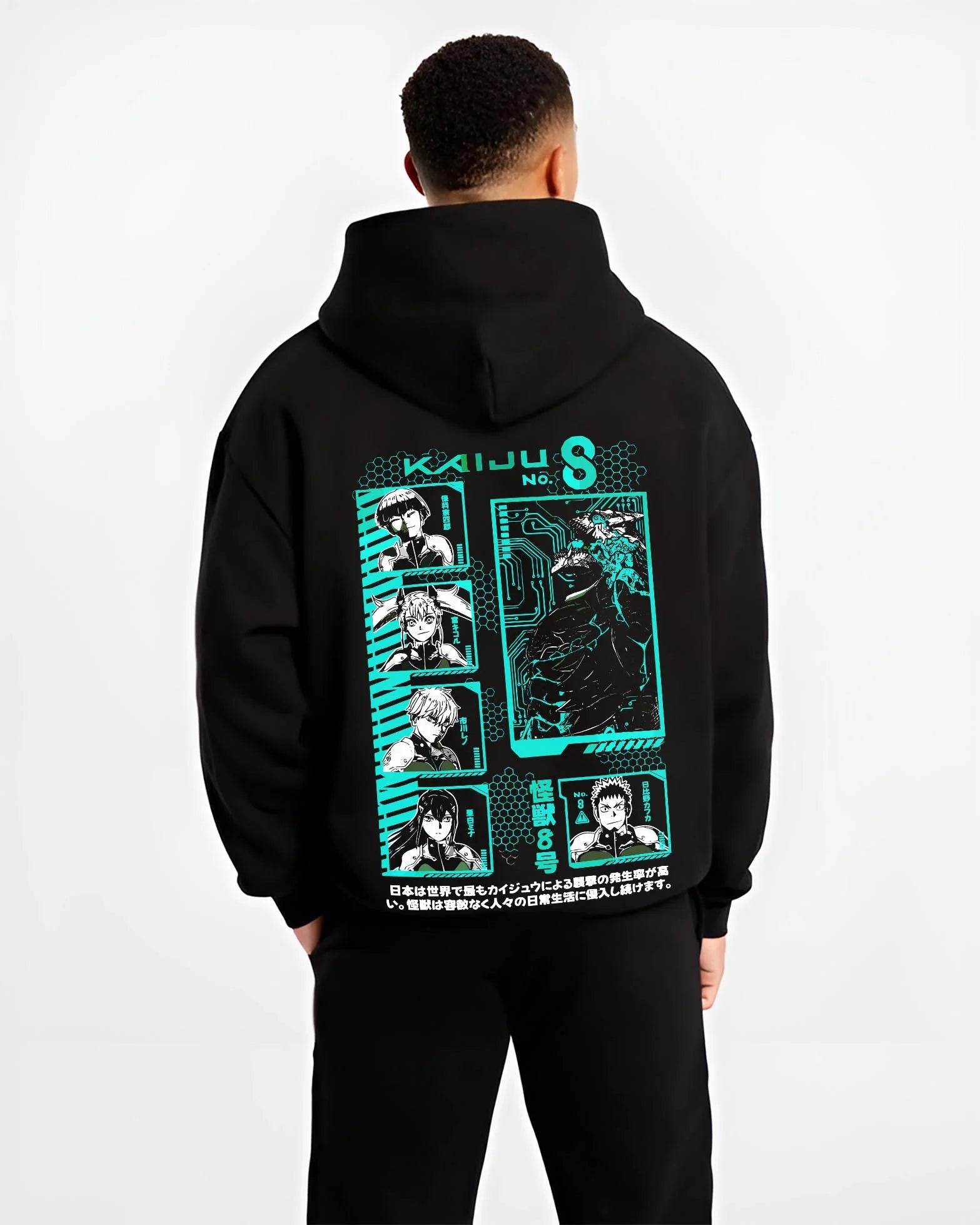 Black hoodie worn by male model, back view with Kaiju No. 8 Hoodie Anime Character Panel Grid graphic nan themed artwork.