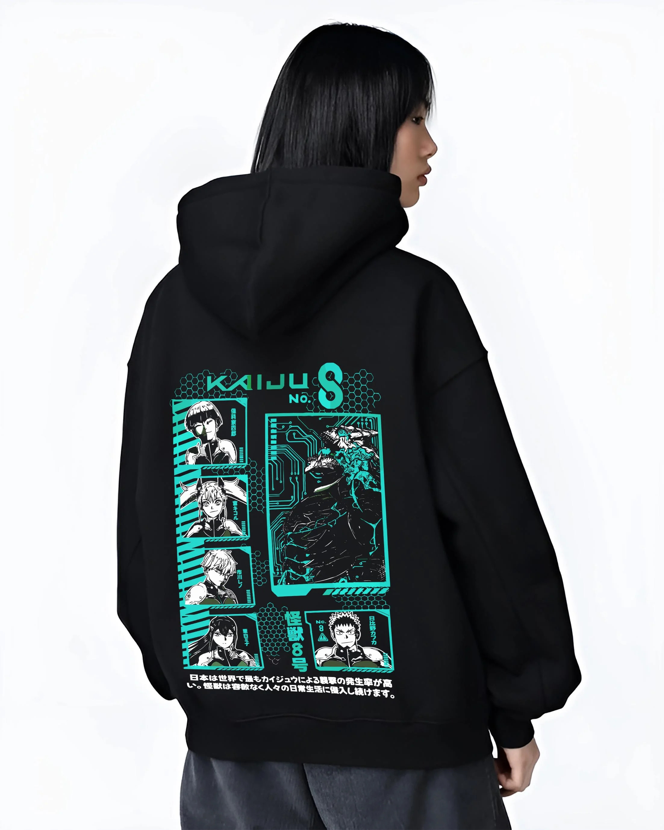 Black hoodie worn by female model, back view with Kaiju No. 8 Hoodie Anime Character Panel Grid graphic premium wear.
