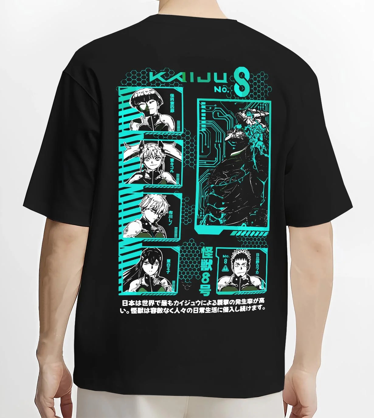 Black T-shirt worn by male model, back view with Kaiju No. 8 Hoodie Anime Character Panel Grid graphic nan anime design.