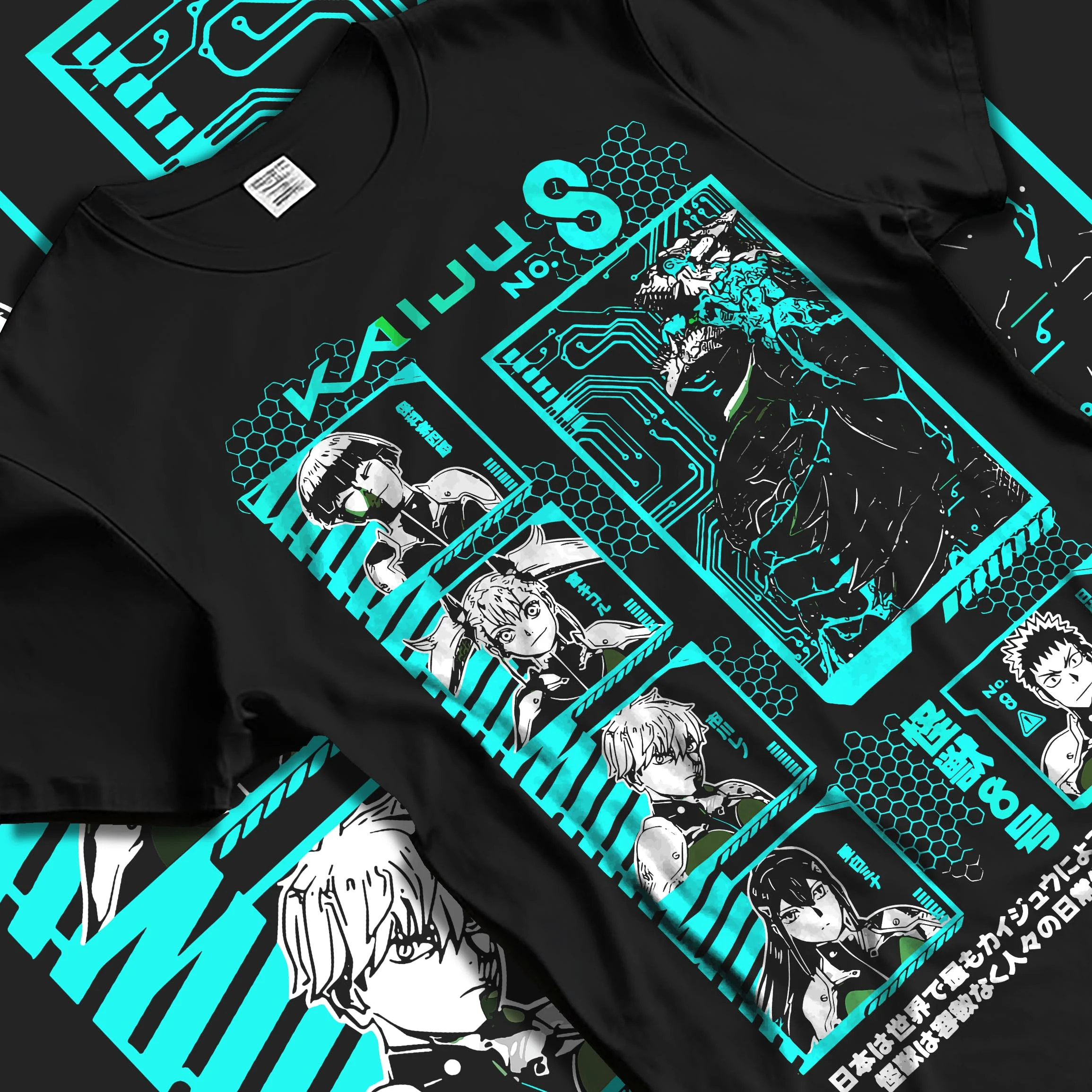 Black T-shirt laid flat with natural folds with Kaiju No. 8 Hoodie Anime Character Panel Grid graphic nan themed artwork.
