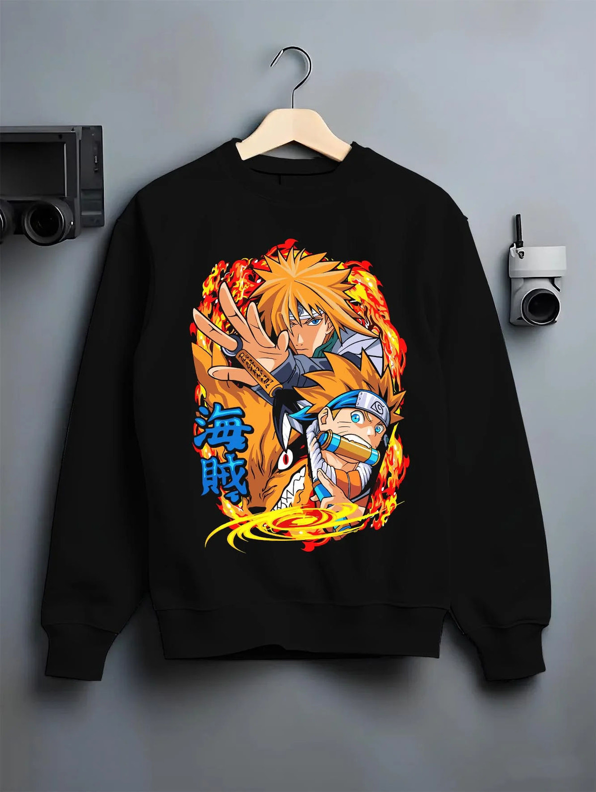 Black crewneck sweatshirt on hanger featuring Minato Namikaze and Naruto Uzumaki artwork.