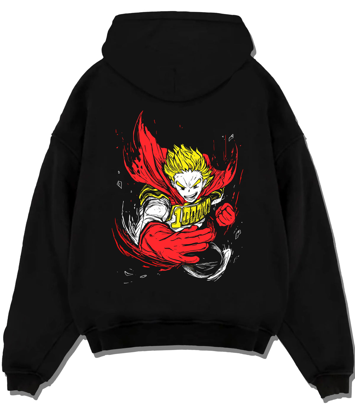 Black hoodie flat back view showing Mirio Togata / Lemillion from My Hero Academia: muscular yellow-haired hero