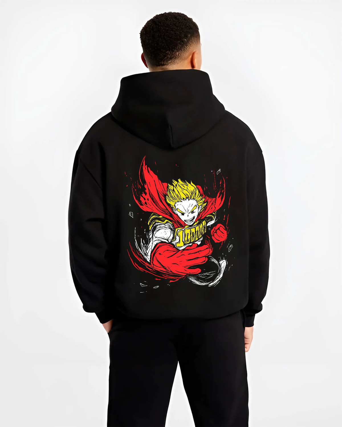 Black hoodie model back view showing Mirio Togata / Lemillion from My Hero Academia: muscular yellow-haired hero