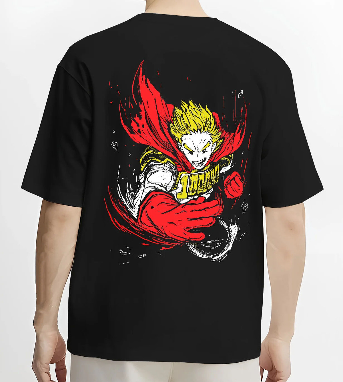 Black T-shirt model back view showing Mirio Togata / Lemillion from My Hero Academia: muscular yellow-haired hero
