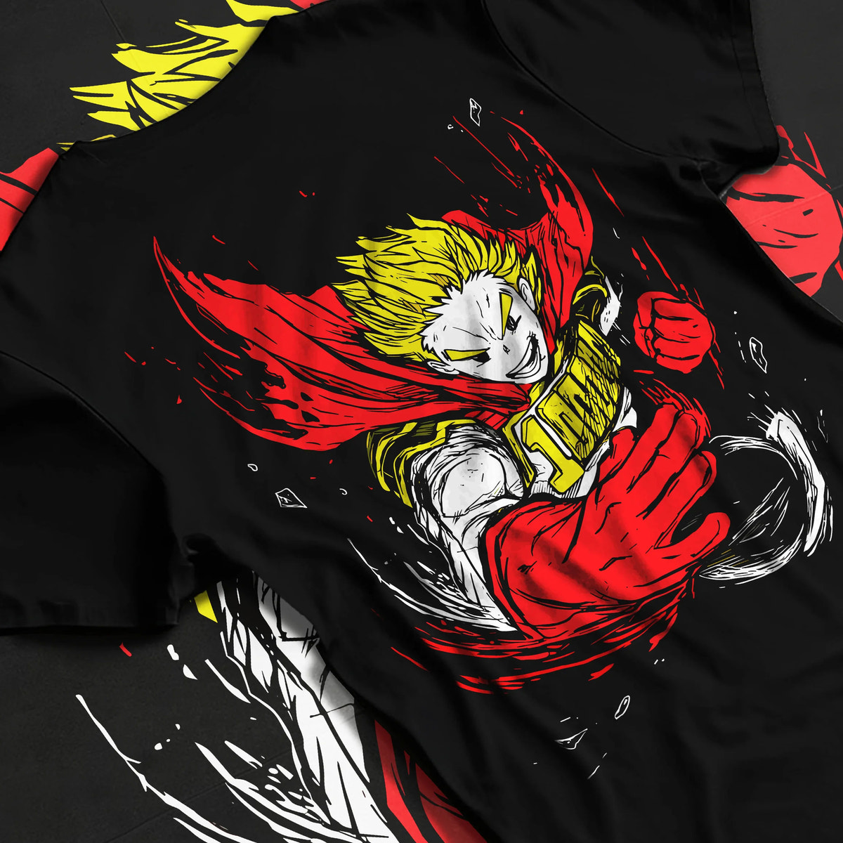 Black T-shirt flat back view showing Mirio Togata / Lemillion from My Hero Academia: muscular yellow-haired hero