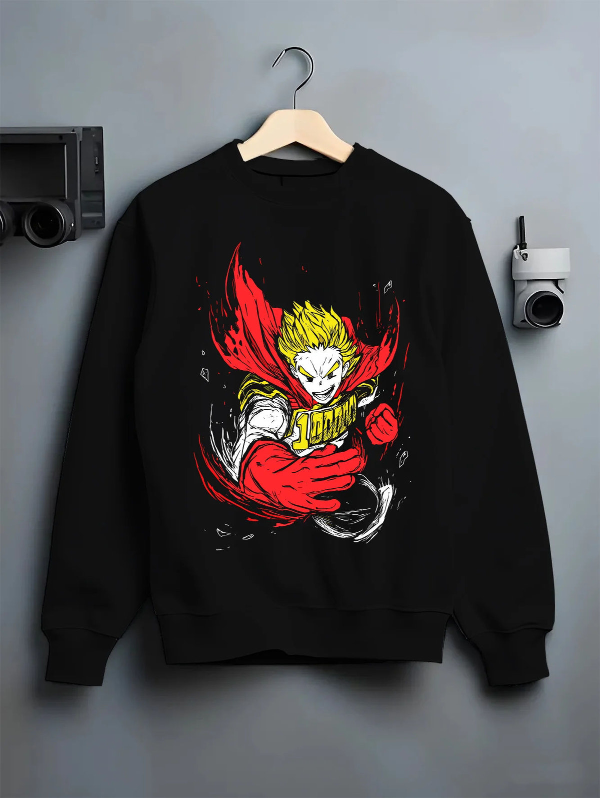 Black crewneck sweatshirt on hanger showing Mirio Togata / Lemillion from My Hero Academia: muscular yellow-haired hero
