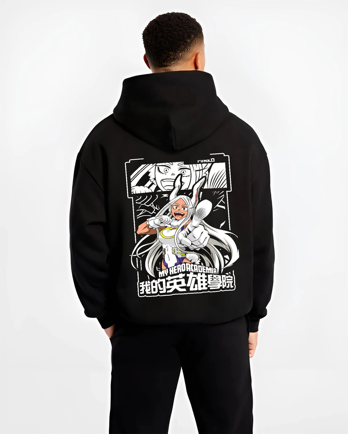 Black hoodie model back view showing Mirko (Rumi Usagiyama) from My Hero Academia: rabbit hero