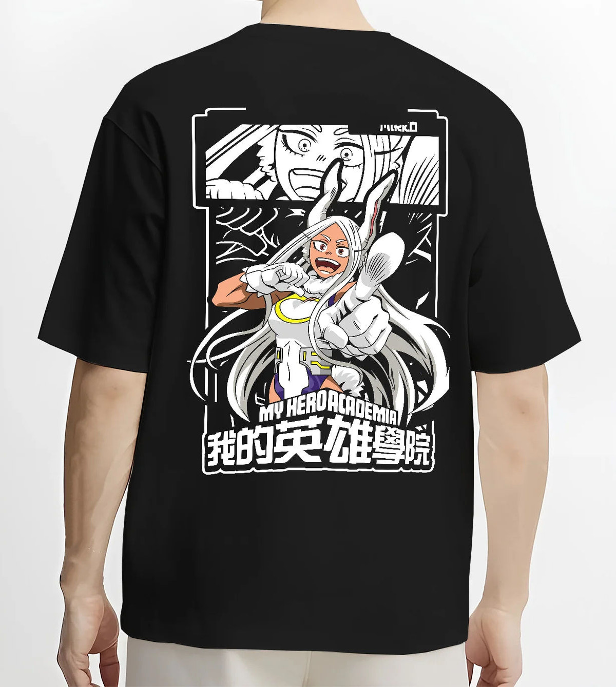 Black T-shirt model back view showing Mirko (Rumi Usagiyama) from My Hero Academia: rabbit hero