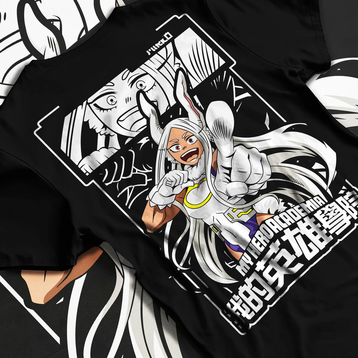 Black T-shirt flat back view showing Mirko (Rumi Usagiyama) from My Hero Academia: rabbit hero