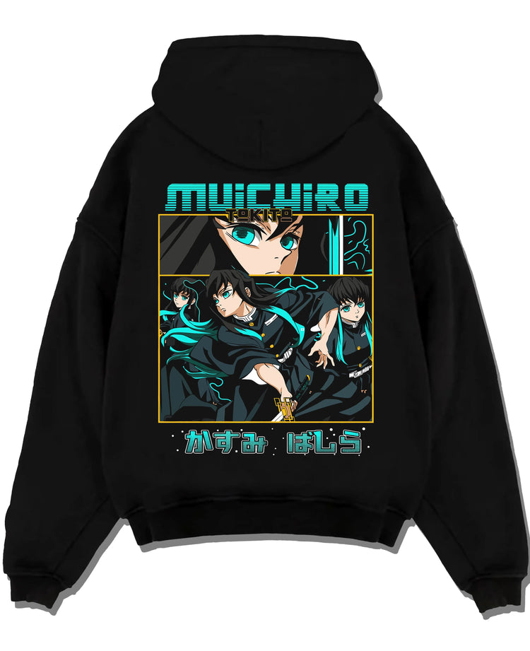 Black hoodie laid flat featuring Muichiro Tokito Mist Hashira artwork.